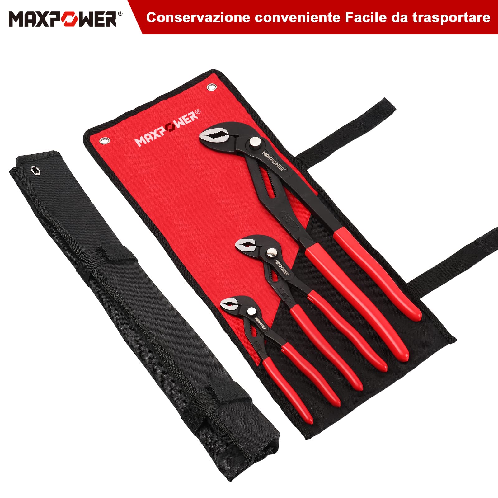 MAXPOWER Set di 3 Pinza Regolabile 175/240/415 mm, Pinze a Giunto Scorrevole Pinza a Pappagallo a Serraggio Piatto per Tubi e Dadi
