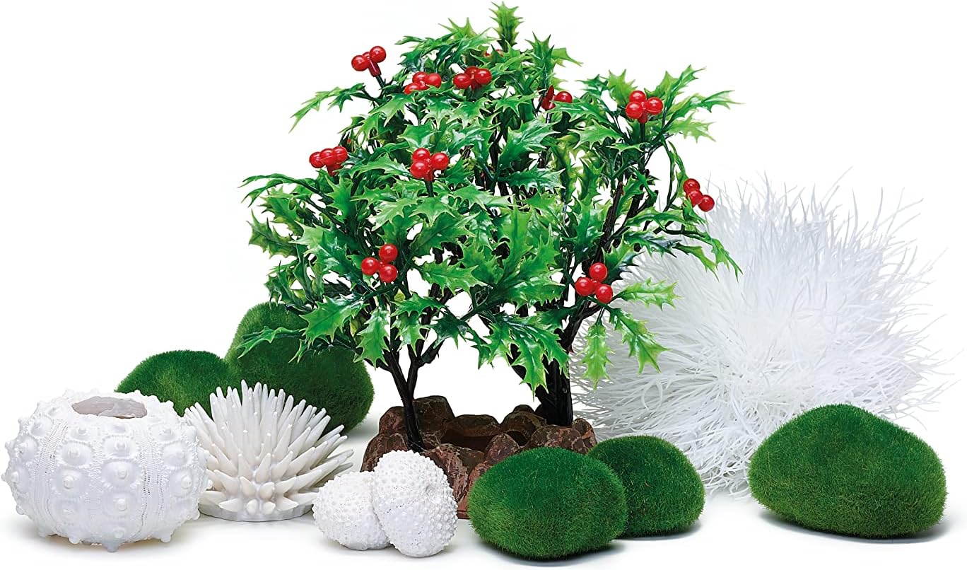 biOrbWinter Décor Set, White and Green and Red, Themed Collection of Fish Friendly Aquarium Decorations