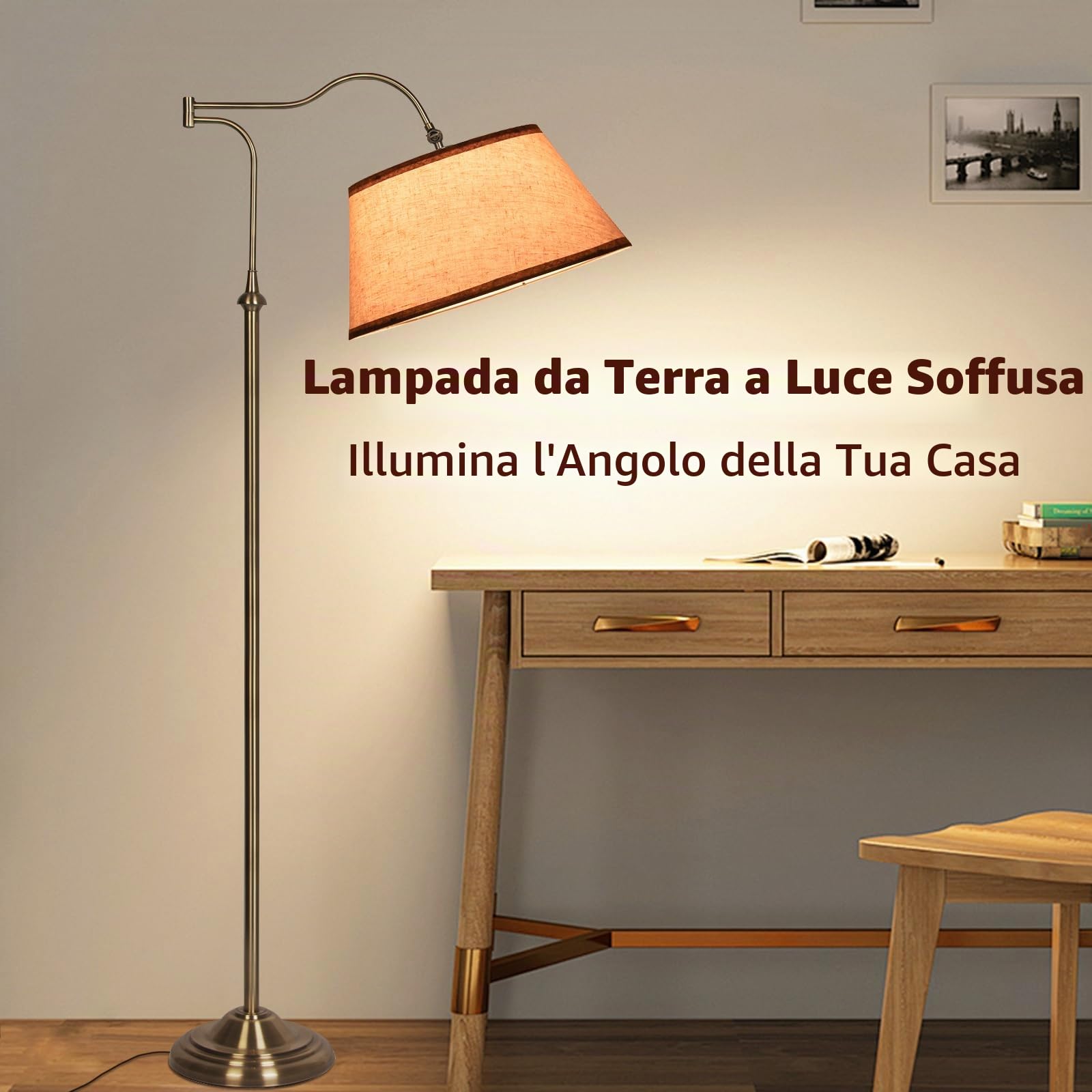 Lampada da terra con braccio oscillante, lampade da terra ad arco con braccio regolabile a 180° per soggiorno, lampada da terra Mid Century con paralume in lino, lampade alte per camera da letto