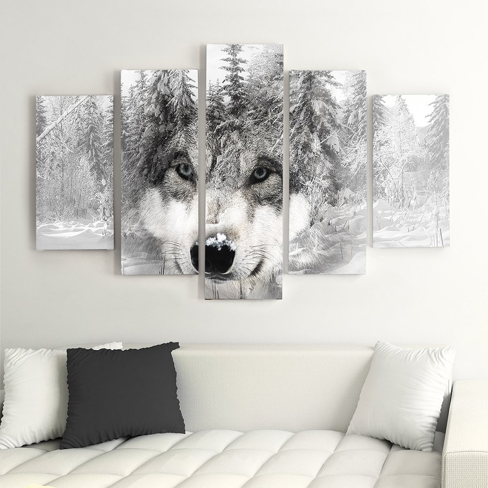 Feeby Leinwandbild Bilder Wand Bild - 5 Teile - Wandbilder Kunstdruck (Wolf, Wald, Schnee) 100x200 cm, Typ A