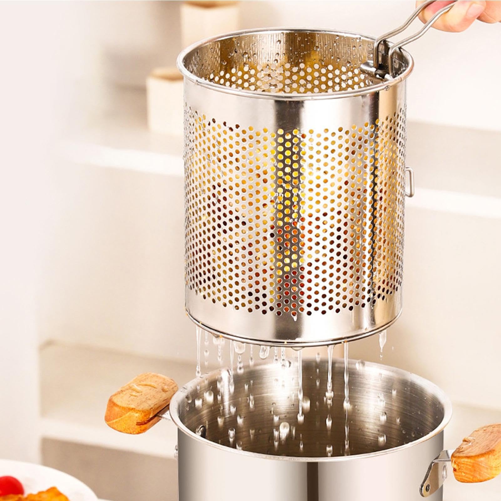 Pentola a induzione di calore, pentola con cestello e coperchio, filtro 'olio in acciaio inossidabile, contenitore versatile per filtro 'olio a bocca larga, per casa, campeggio, patatine