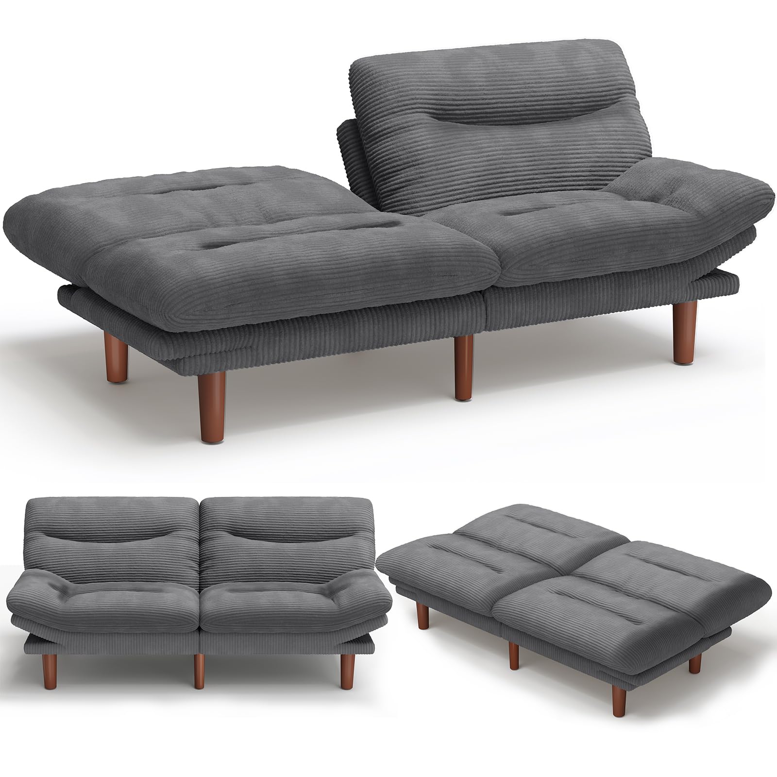 Amada Convertible Corduroy Futon Sofa Bed, 75 inch, Dark Grey