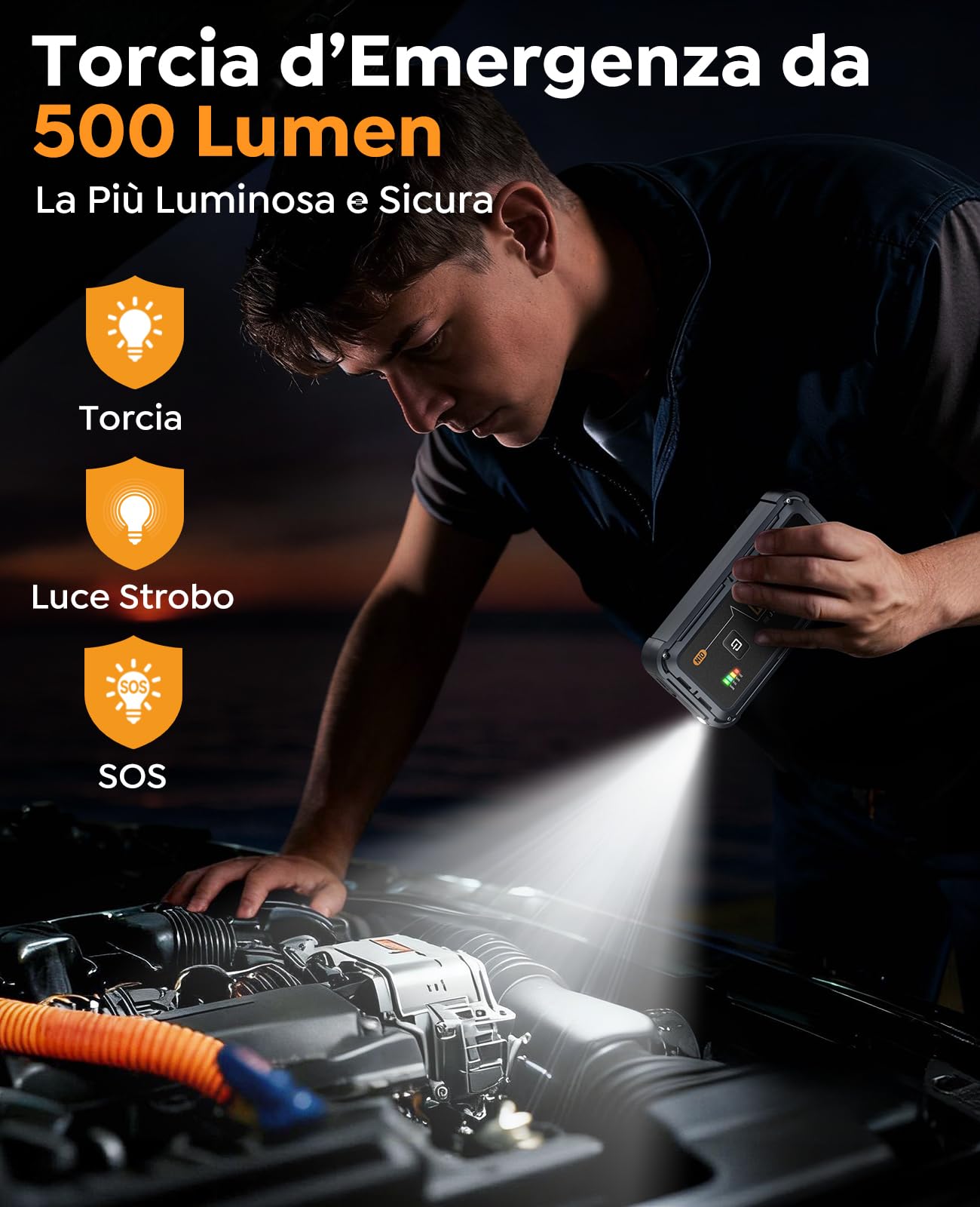 Avviatore Batteria Auto 5000A, Avviatore di Emergenza per Auto/Moto (Fino a 9.0L Gas/8.5L Diesel) 12V Booster Avviamento con Torcia a LED, Ricarica Rapida, Cavi Avviamento, Compatto (5000A)
