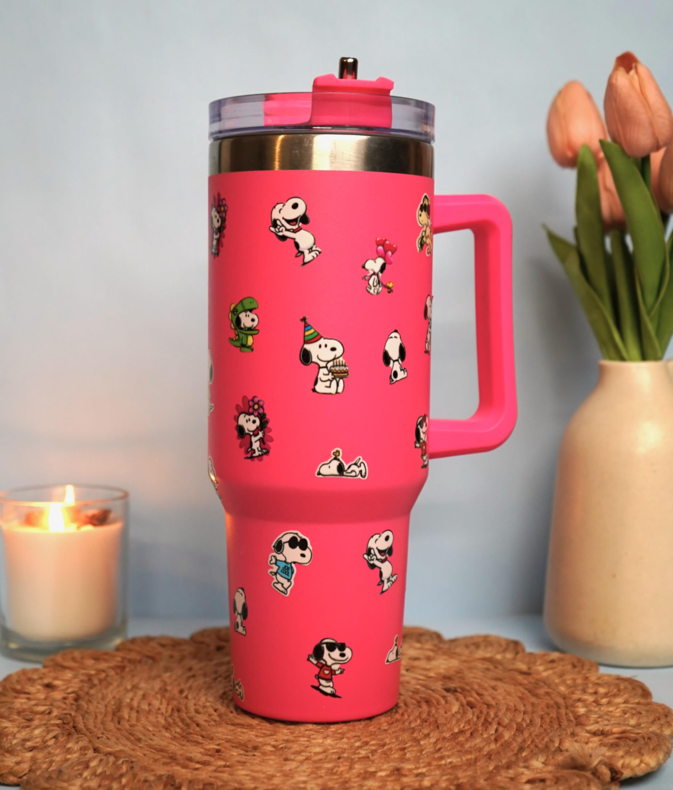 Najarat 1200ML Stainless Steel Tumbler Hot and Cold with Handle and Lid and 2 Straws, Double Insulated Cup Leak Proof Mug Cupholder for Gym, Travelling (hot Pink)