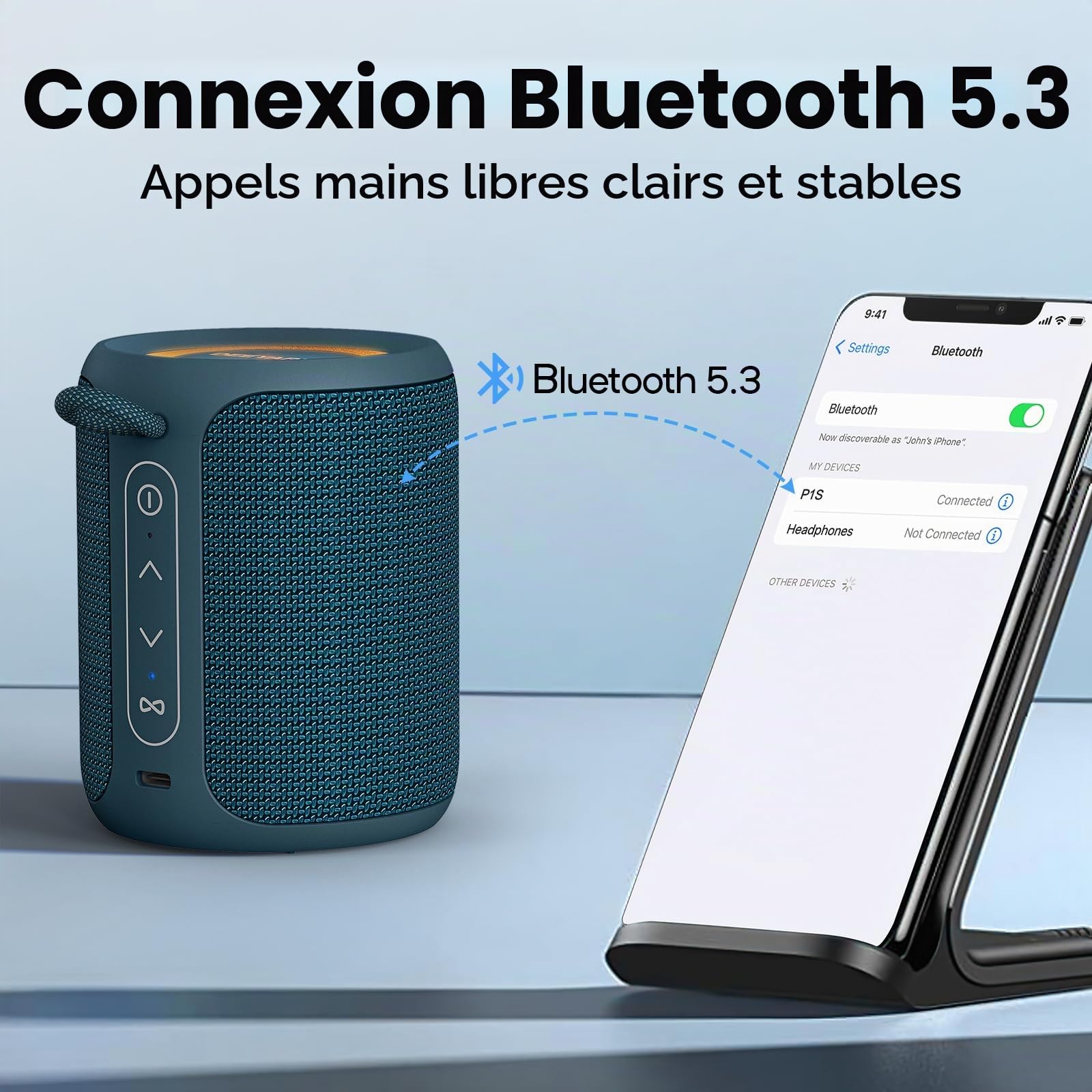 Deeyaple Baffle Enceinte Bluetooth 5.3 avec basses intenses et Bluetooth 5.3, 15 W, étanche IPX7, double couplage stéréo, avec autonomie de 10 heures (bleu)