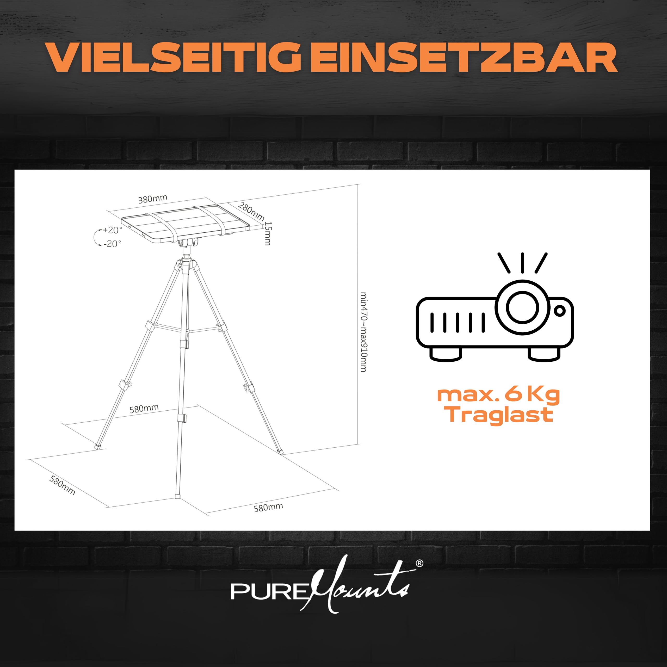 PureMounts® Soporte para proyector, trípode Ligero y Plegable, con Capacidad de Carga de hasta 6 kg, Negro