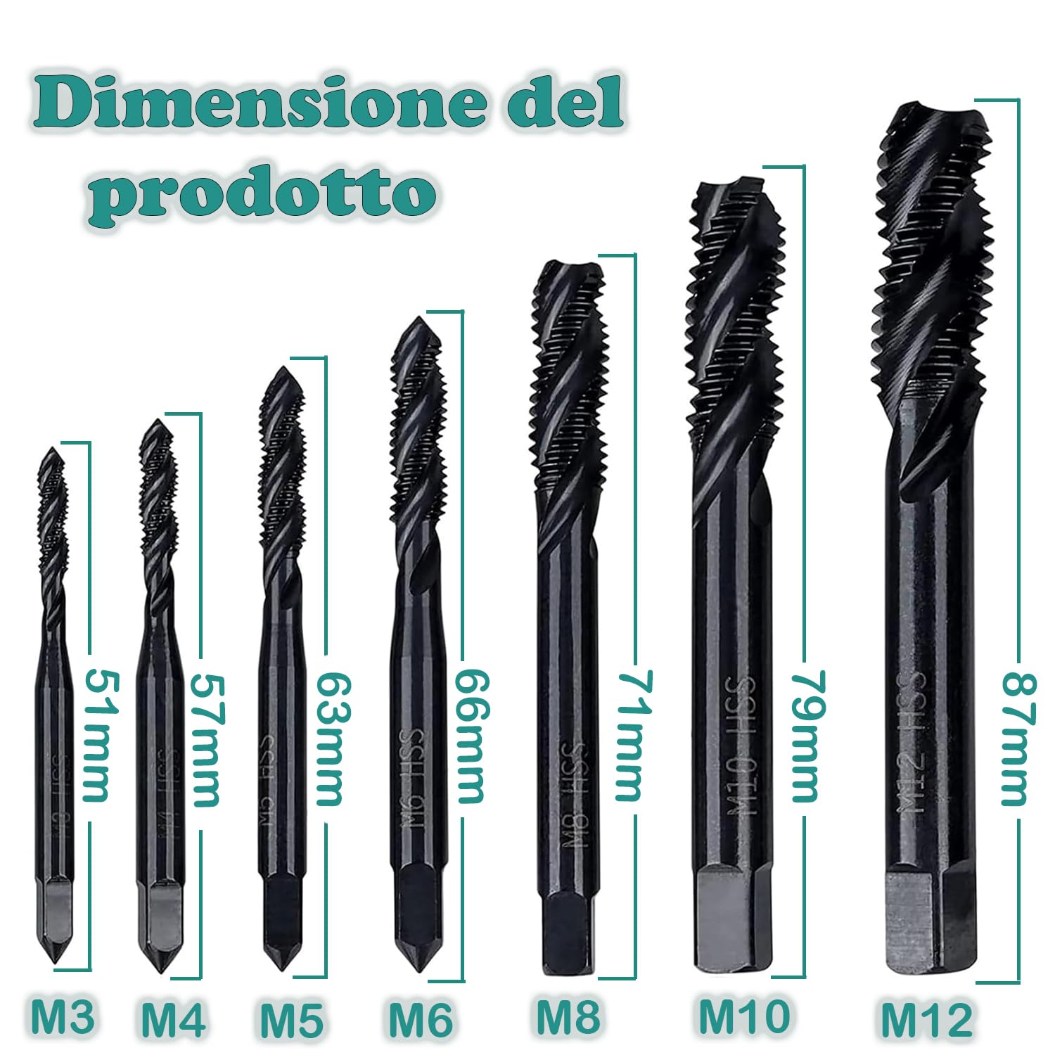 Maschi a filettatura interrotta a spirale in nitruro HSS 6542 M3 M4 M5 M6 M8 M10 M12 Set 7 pezzi per metallo legno