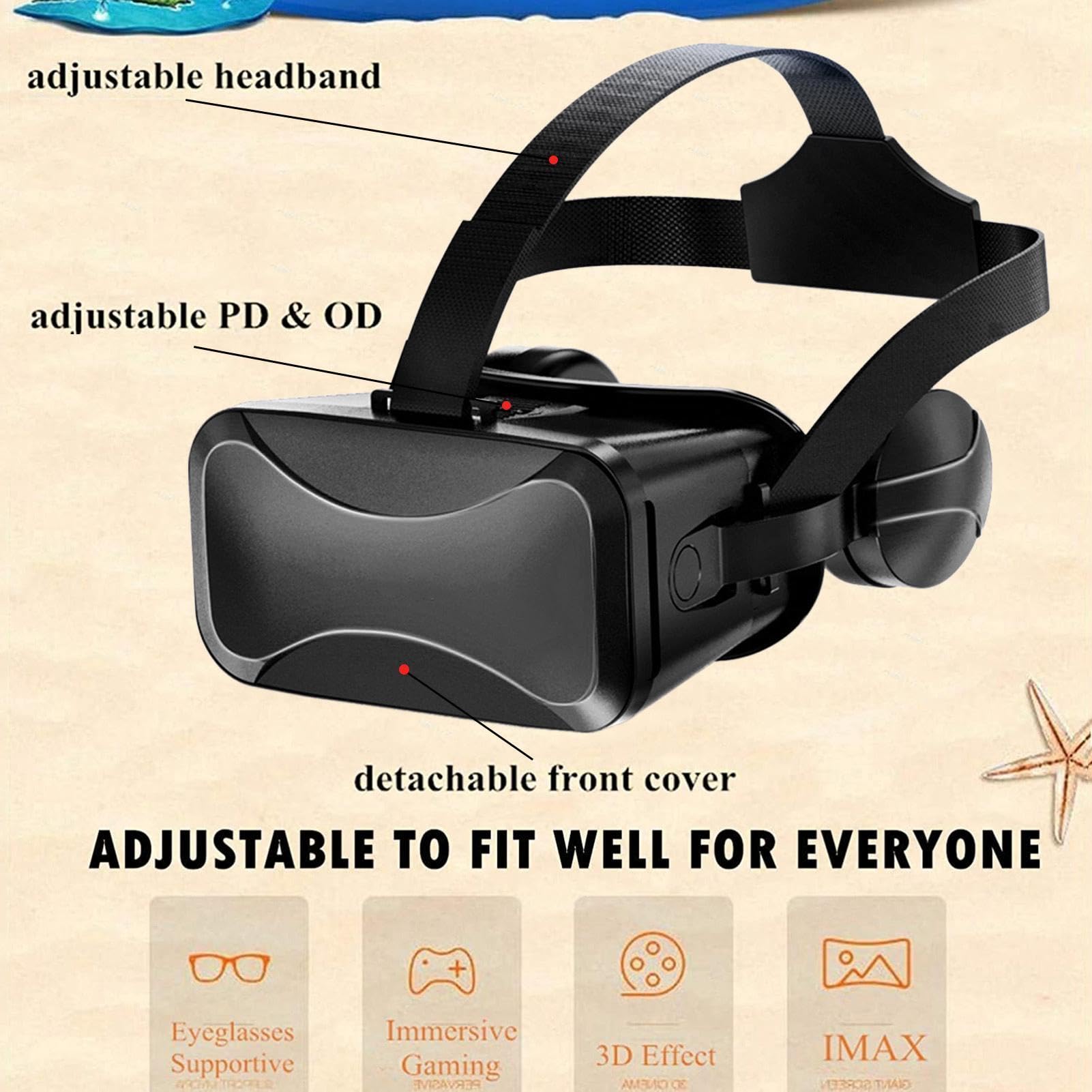 -Auricolare - 42 mm Lenti Asferiche da 3,5 mm Auricolari HiFi Stereo | Telecomando senza fili | Immersivi 3D per realtà virtuale, occhiali da miopia IPD a messa a fuoco regolabile per smartphone