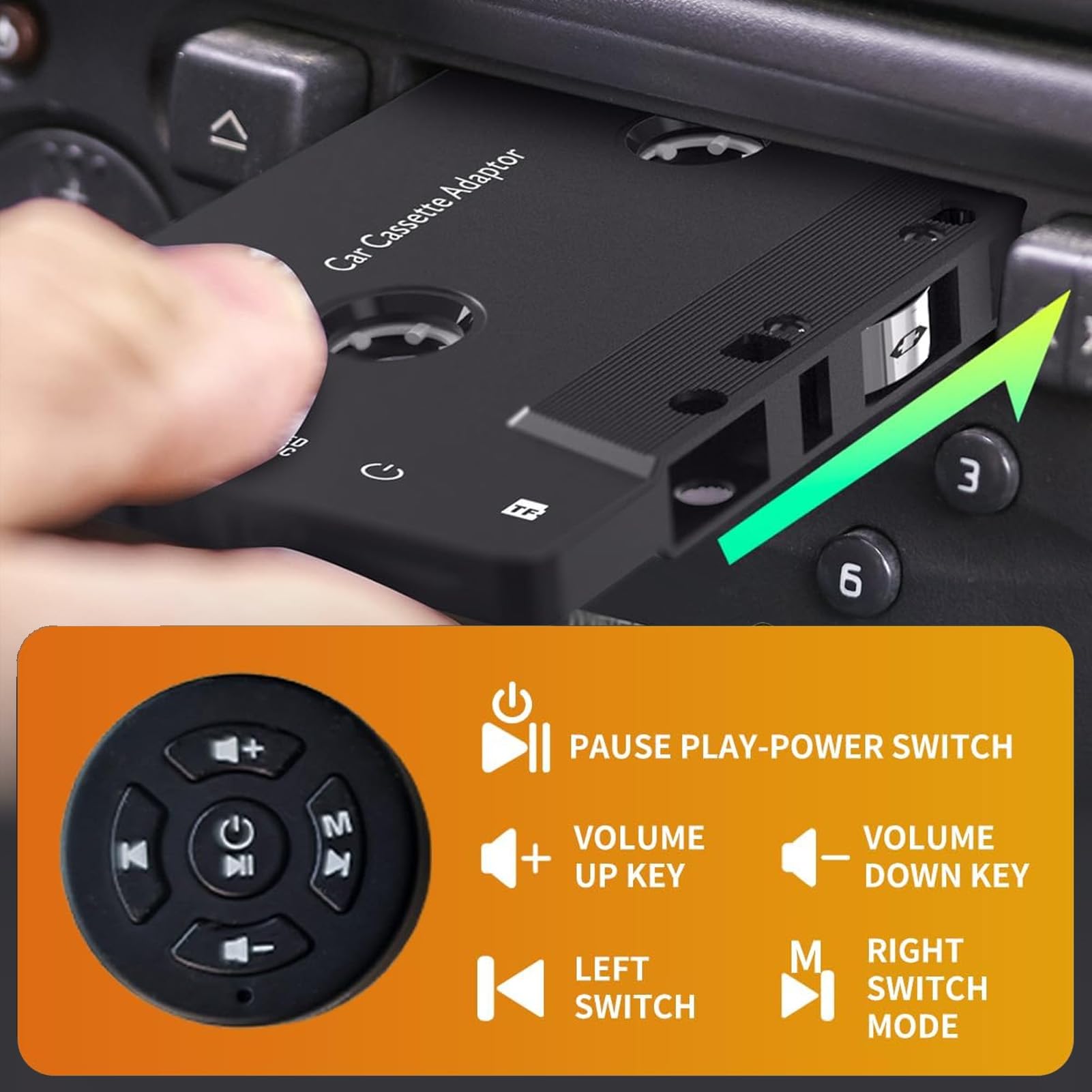 Vikye Bluetooth 5.4-Kassettenadapter für das Auto, Kabelloser Kassettenspieler-Empfänger mit Lenkradfernbedienung, Aux-zu-Tape-Audio-Konverter, Unterstützt TF-Karte, Freisprechanruf