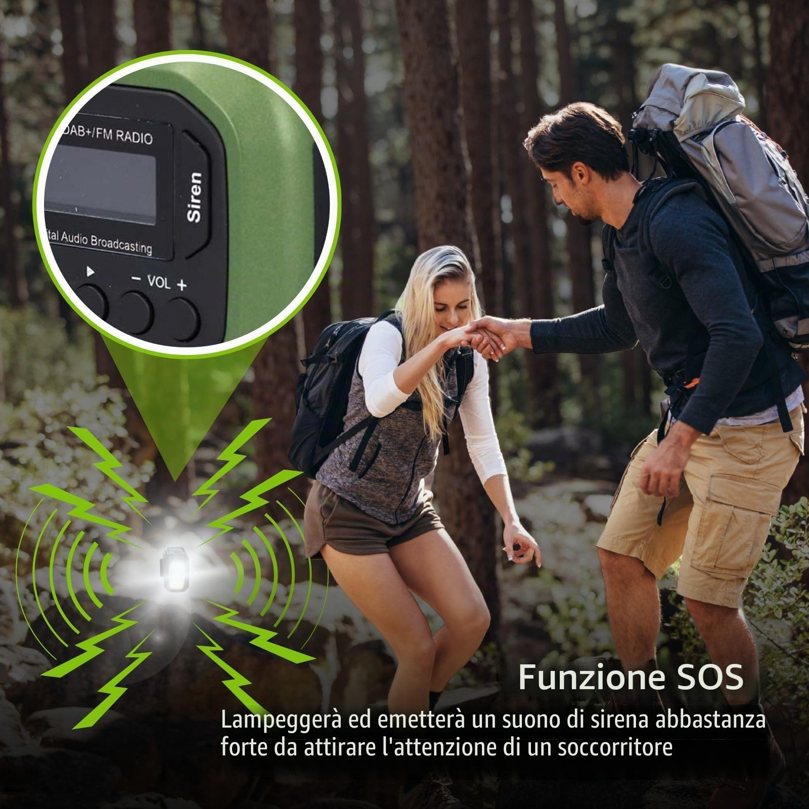 Radio di emergenza – Versione portatile – DAB+ / FM – Funzionamento a batteria/manovella/alimentazione solare/alimentazione tramite USB – Sveglia – Verde/Nero