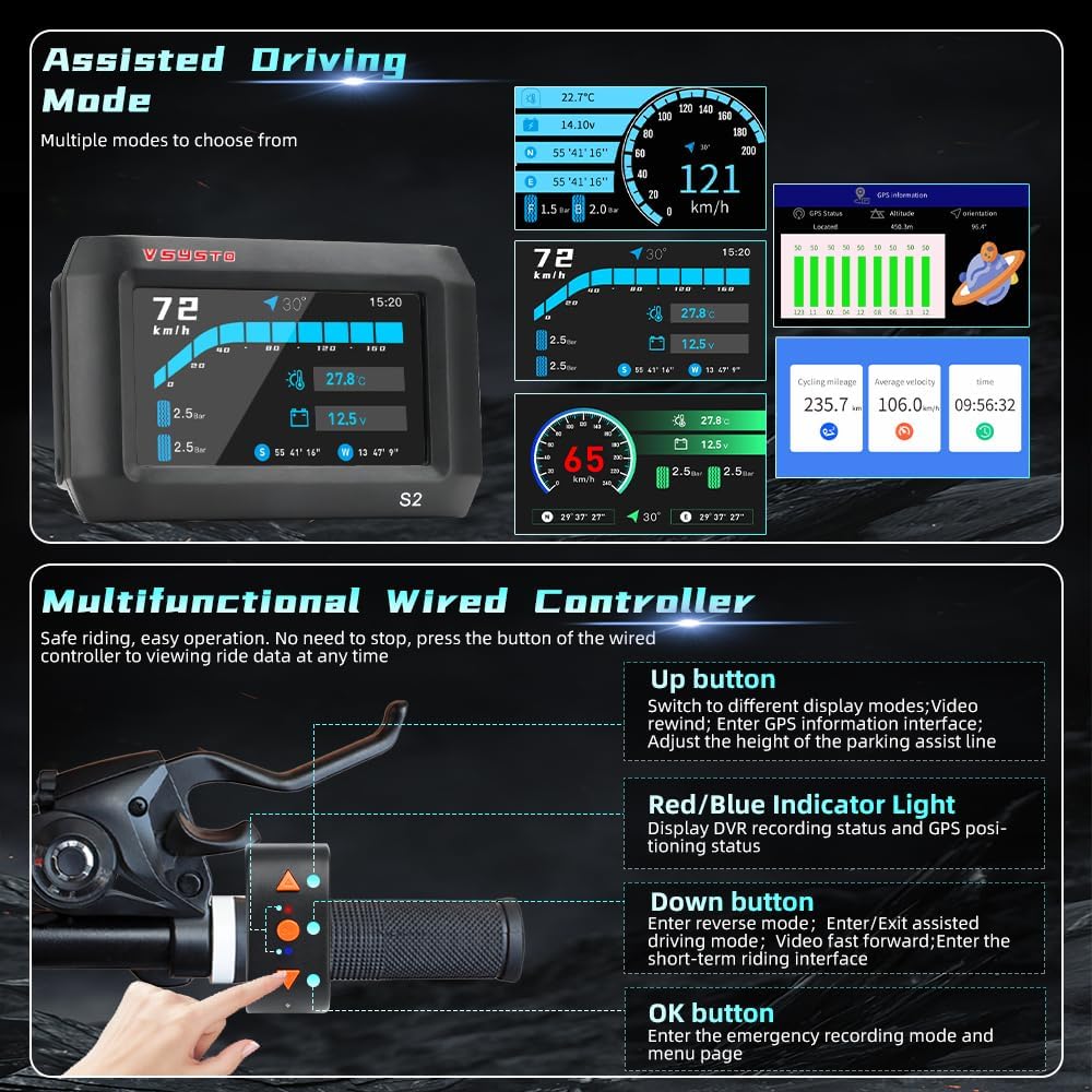VSYSTO 5G WiFi Motorcycle Camera, Parking Monitoring, TPMS, GPS, 3'' HD Screen 130° Starlight Night Vision Motorbike DVR System, Wired Controller, Assisted Driving Mode,Shutdown Reminder (S2)