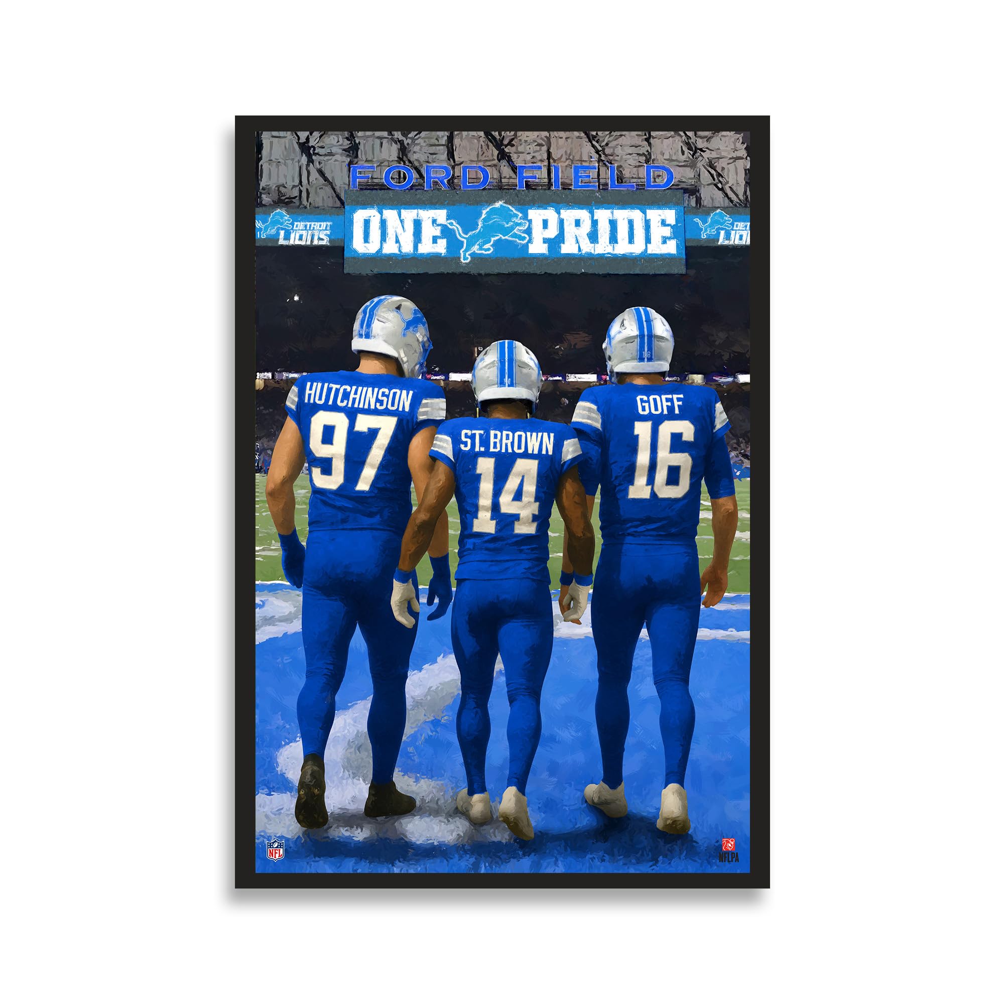 Sporticulture NFL American Football Framed Wall Art - Detroit Lions - Aiden Hutchinson - Amon-Ra St. Brown - Jared Goff - Picture Poster for Boys