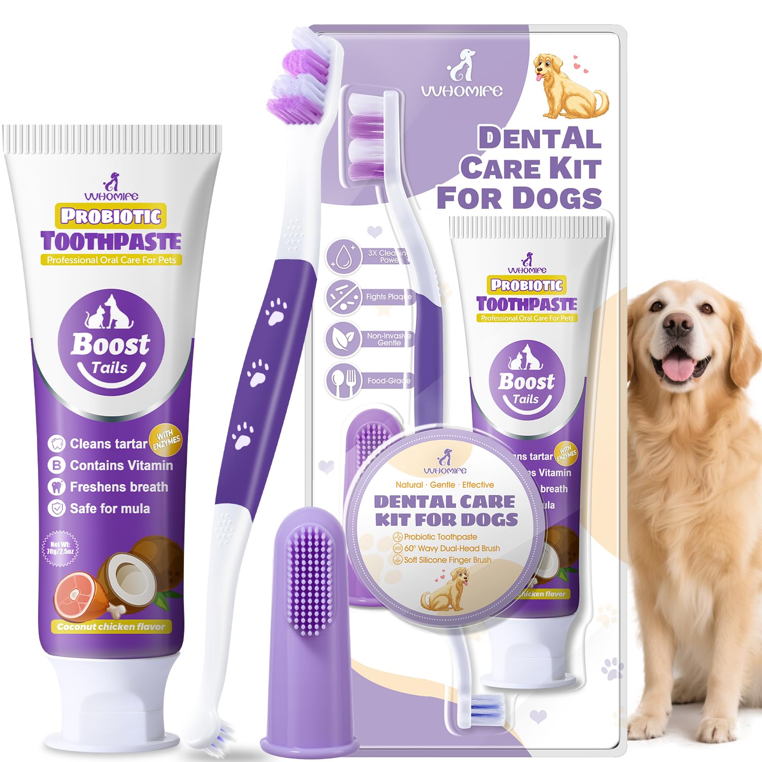 Premium Dog Oral Care Kit - Natural Coconut Chicken Flavored Toothpaste,Dual Head Toothbrush and Finger Toothbrush for Dogs,Plaque Prevention,Tartar Control.2.46oz(Pack of 1)