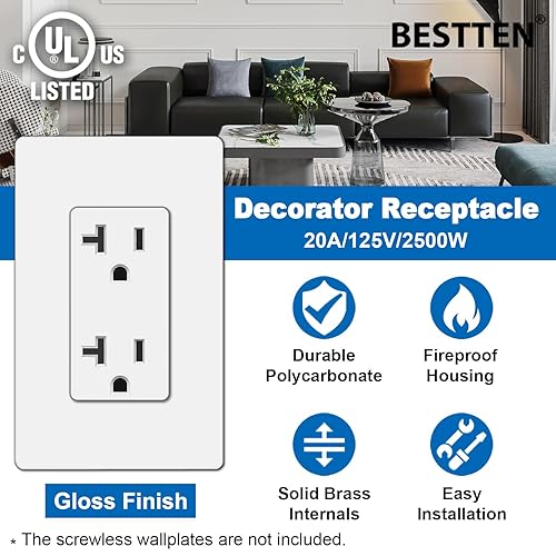 Miniatura 9 de BESTTEN Paquete de 20 receptáculos eléctricos decorativos de pared de 15 amperios, no resistentes a manipulaciones, 15A125V1875W, para uso