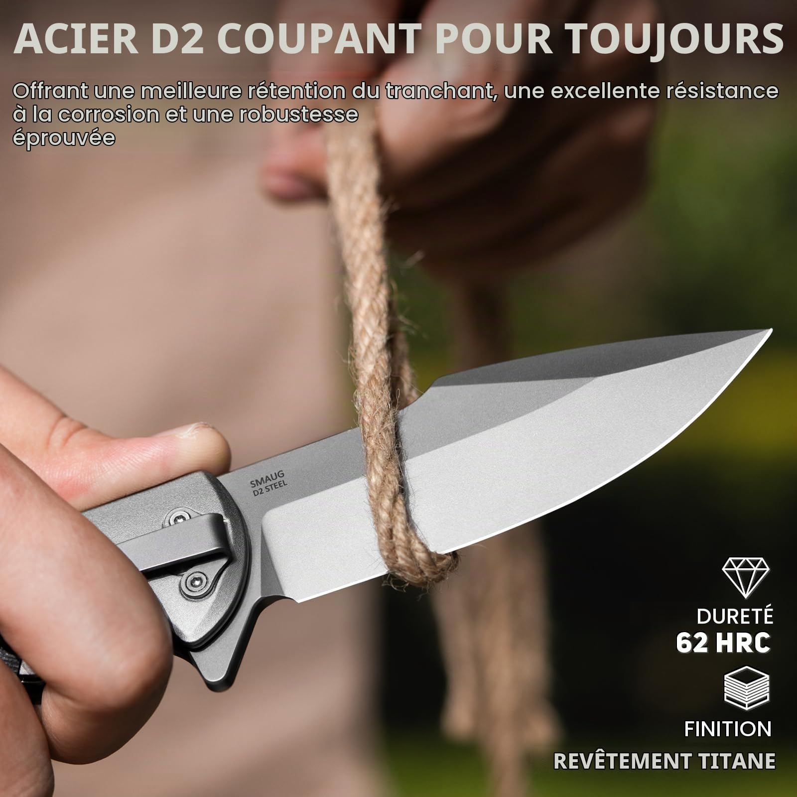 LOTHAR SMAUG Couteau Pliant Couteau à Une Main, 9,5 mm en acier D2 Couteau de Sauvetage Avec Manche G10, Liner Lock