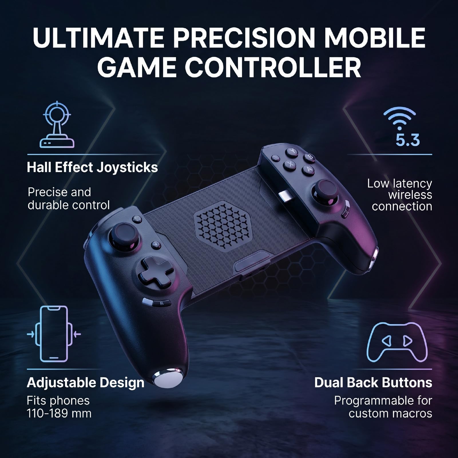 Controller di Gioco Mobile Bluetooth 5.3 con Joystick Effetto Hall per Telefoni IOS e, Controlli Avanzati per Giocatori 110-189 Mm