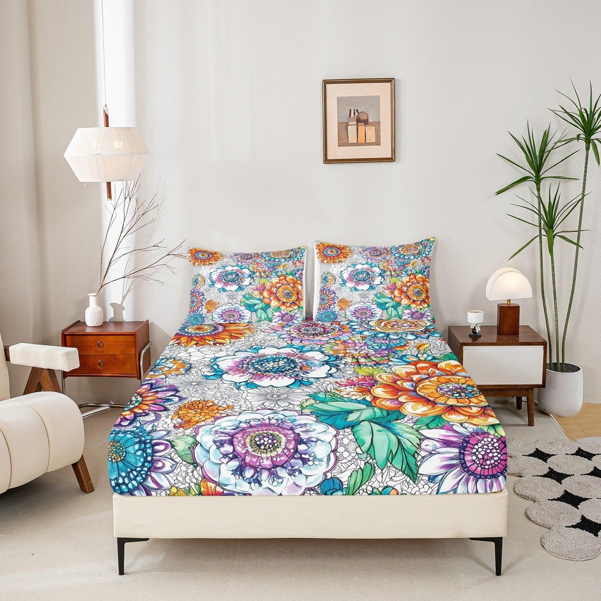 Homewish Juego de sábanas bohemias florales para cama doble, diseño exótico bohemio, para niños y niñas, juego de sábanas rústicas modernas de 4 piezas