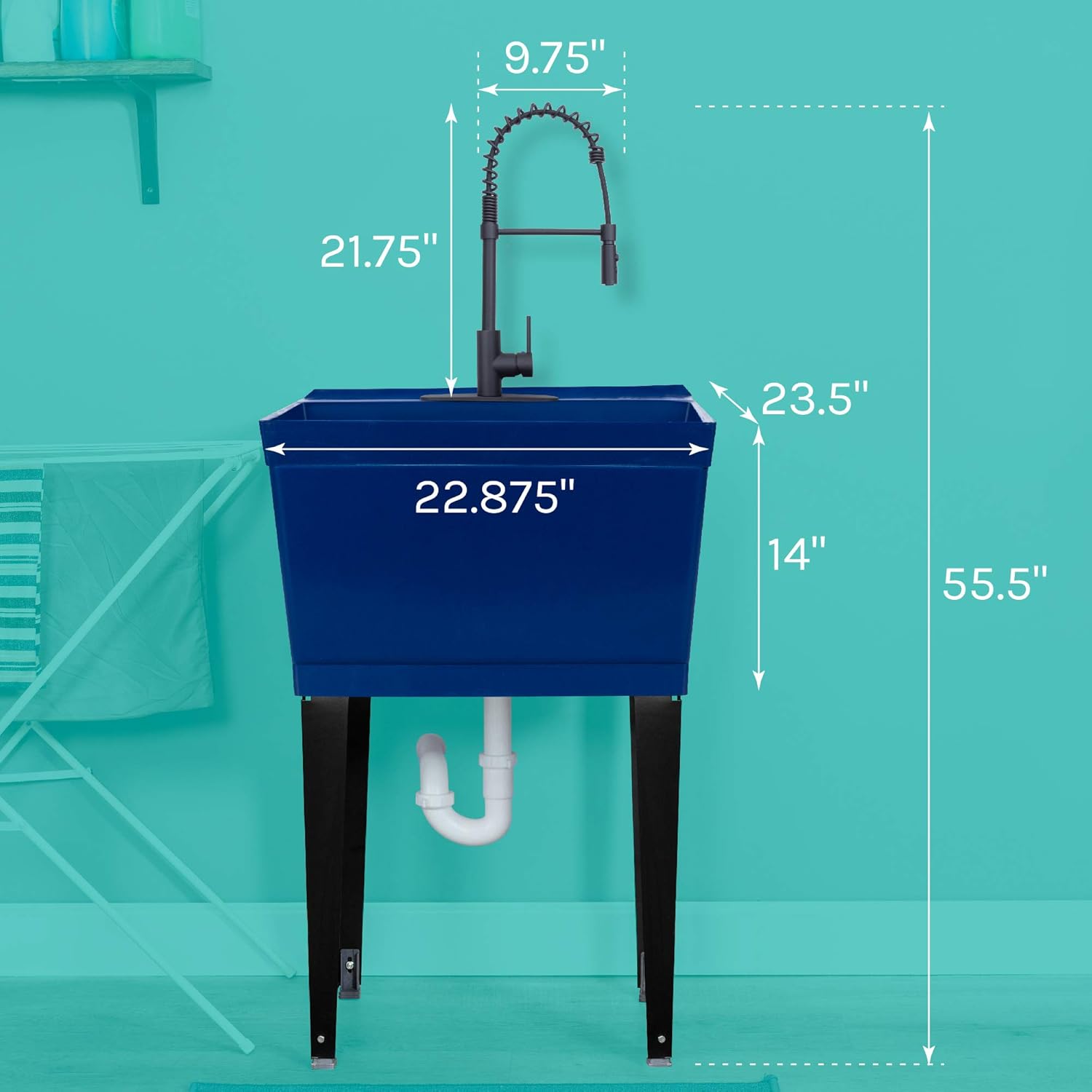 Utility Sink Extra-Deep Laundry Tub in Blue with High-Arc Black Coil Pull-Down Sprayer Faucet, Integrated Supply Lines, P-Trap Kit, Heavy Duty Floor Mounted Freestanding Wash Station