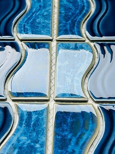 Miniatura 2 de Tenedos Alineación de porcelana ondulada azul marino con borde de pared y baldosas de suelo sobre malla de 6 x 12 pulgadas montado para una fácil