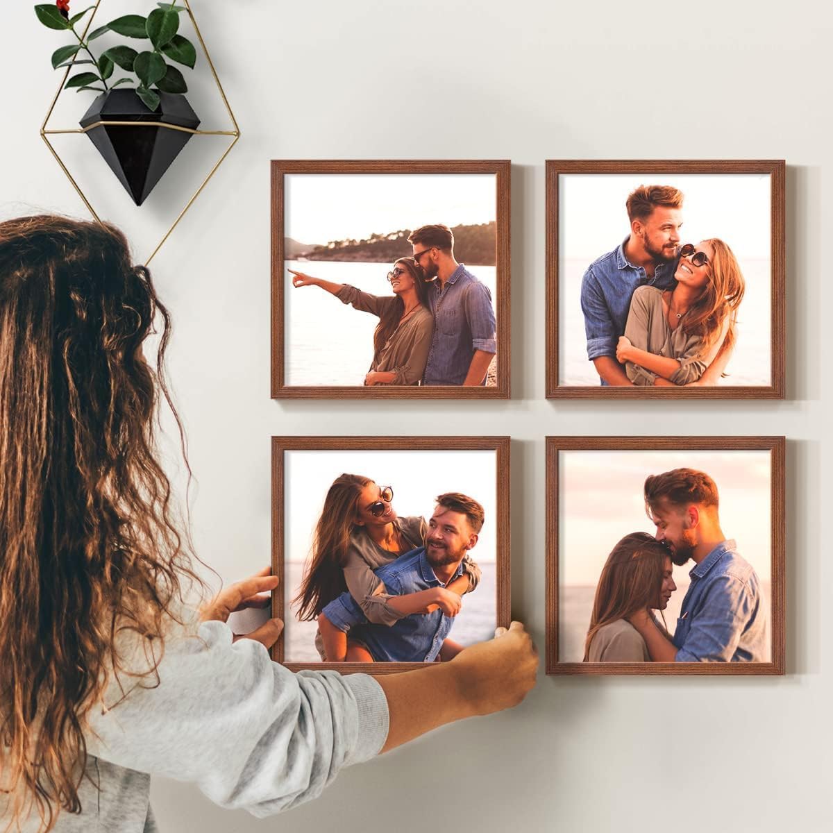 Renditions Gallery Set of 4, 8x8 Custom Photo Prints with Real Wood Picture Frames. Create Personalized Photos with Peel & Stick Photo Frames. Brown Frame