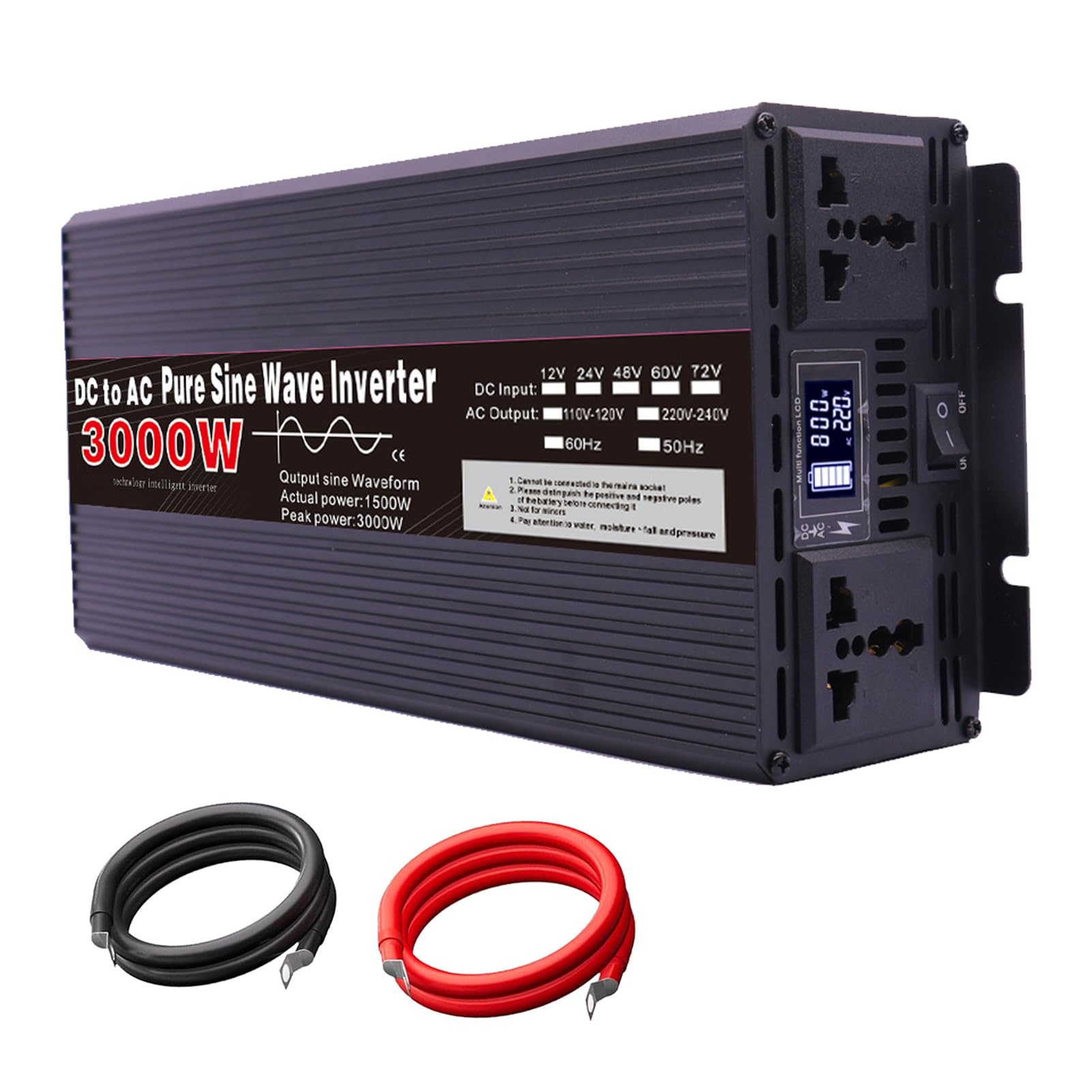 Przemysłowy Falownik Sinusoidalny o Mocy 3000W, DC 12V 24V 48V 60V 72V do 120V 230V AC, Konwerter Zasilania Samochodowego z 2 Gniazdami AC do Urządzeń Elektronicznych i Zasilania Awa(Size:60v to 110v)