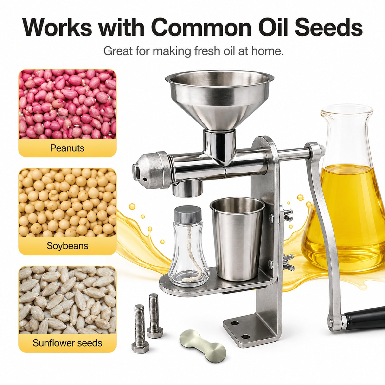 Prensa de Aceite Manual, Acero Inoxidable 304, prensado en frío | Para cacahuetes, sésamo, colza, girasol y semillas de té. Soporte de sobremesa con abrazadera resistente y colector.