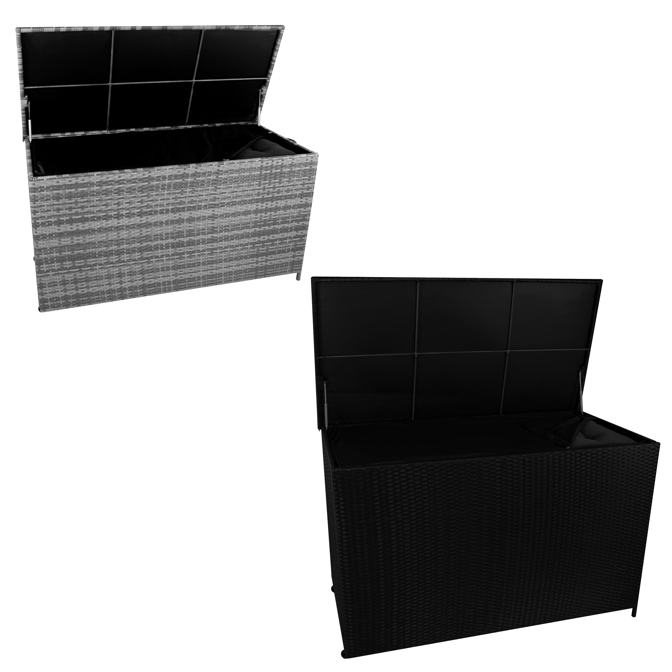 Box Contenitore Rattan Giardino 996L Grigio Rivestimento Impermeabile con Zip Baule Grande per Cuscini Coperte Attrezzi Giochi Telaio Acciaio Resistente Agenti Atmosferici Coperchio Pistoni Gas Ruote