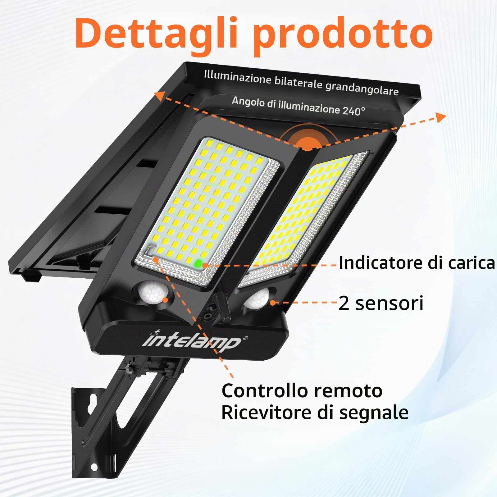 INTELAMP Faretto LED da Esterno Solare 12500mAh, Telecomando Faro led Esterno con Pannello Solare con Sensore di Movimento, Luce Bifacciale, Lampione Solare led Esterno (Nero - 16A-1)