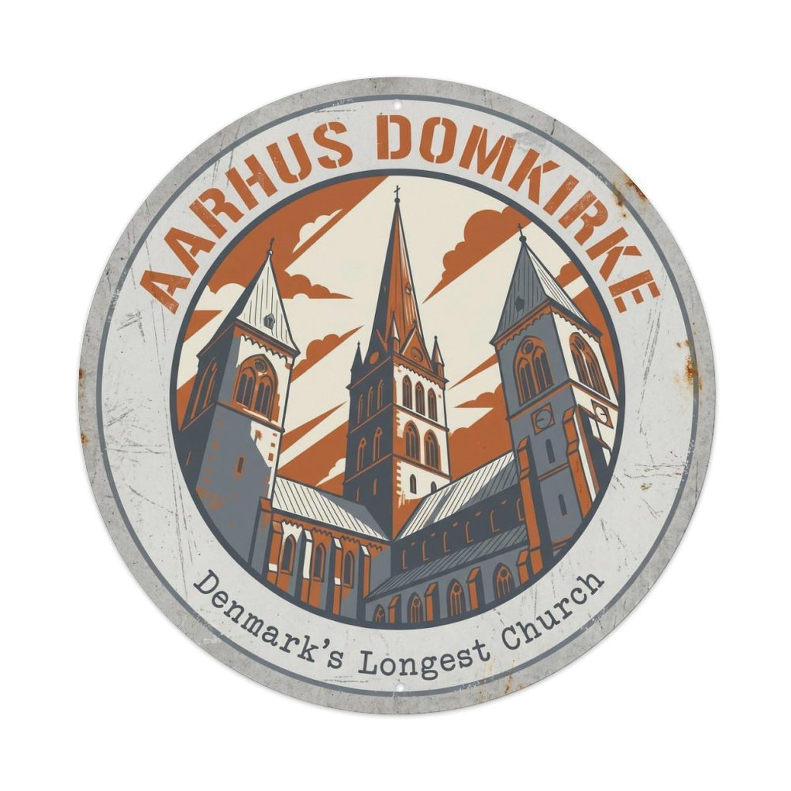 Vintage Travel Cathedral Aarhus 1 Artwork Metal Tin Sign Plaque Wall Decor for Cafe, Club, Garden Round Metal Poster 8x8Inch