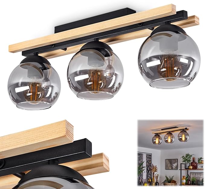 hofstein Plafondlamp Podre, moderne plafondlamp van metaal/hout/glas in zwart/natuur/rookkleuren, retro/vintage designlamp met kappen van rookglas (Ø 15 cm), 3 lampen, 3 x E27, zonder gloeilampen