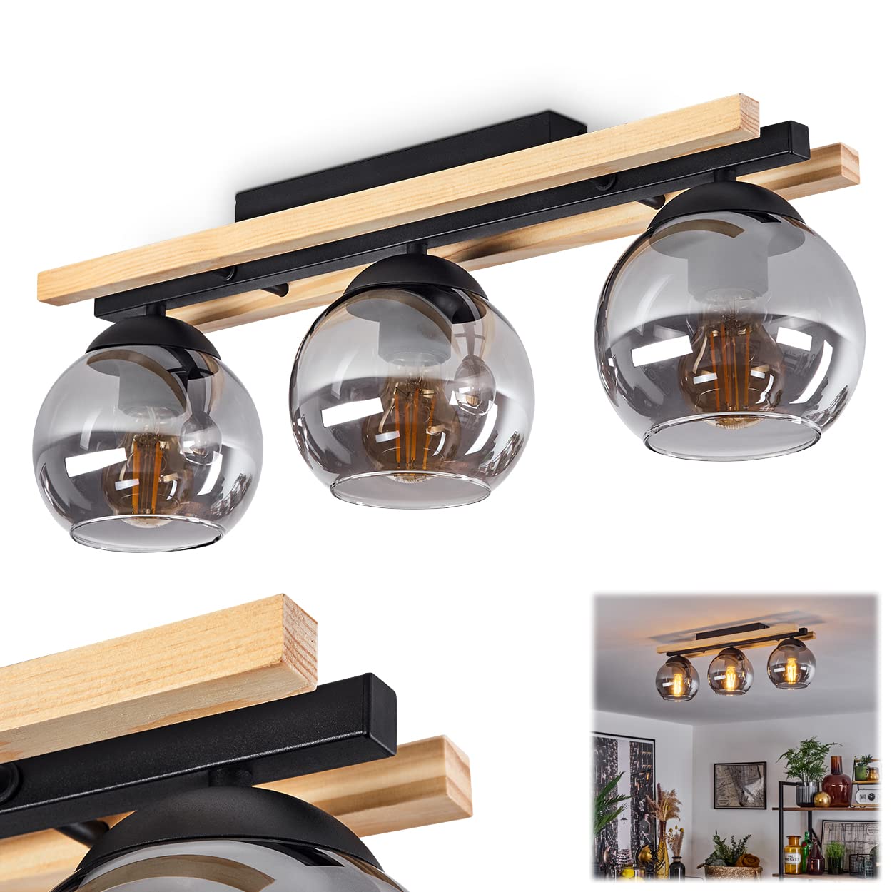 Podre ceiling light, modern ceiling lamp made of metal/wood/glass in black/nature/smoke colours, light in vintage design with lampshades made of smoked glass (Ø15cm), 3-flame, 3x E27, no bulbs