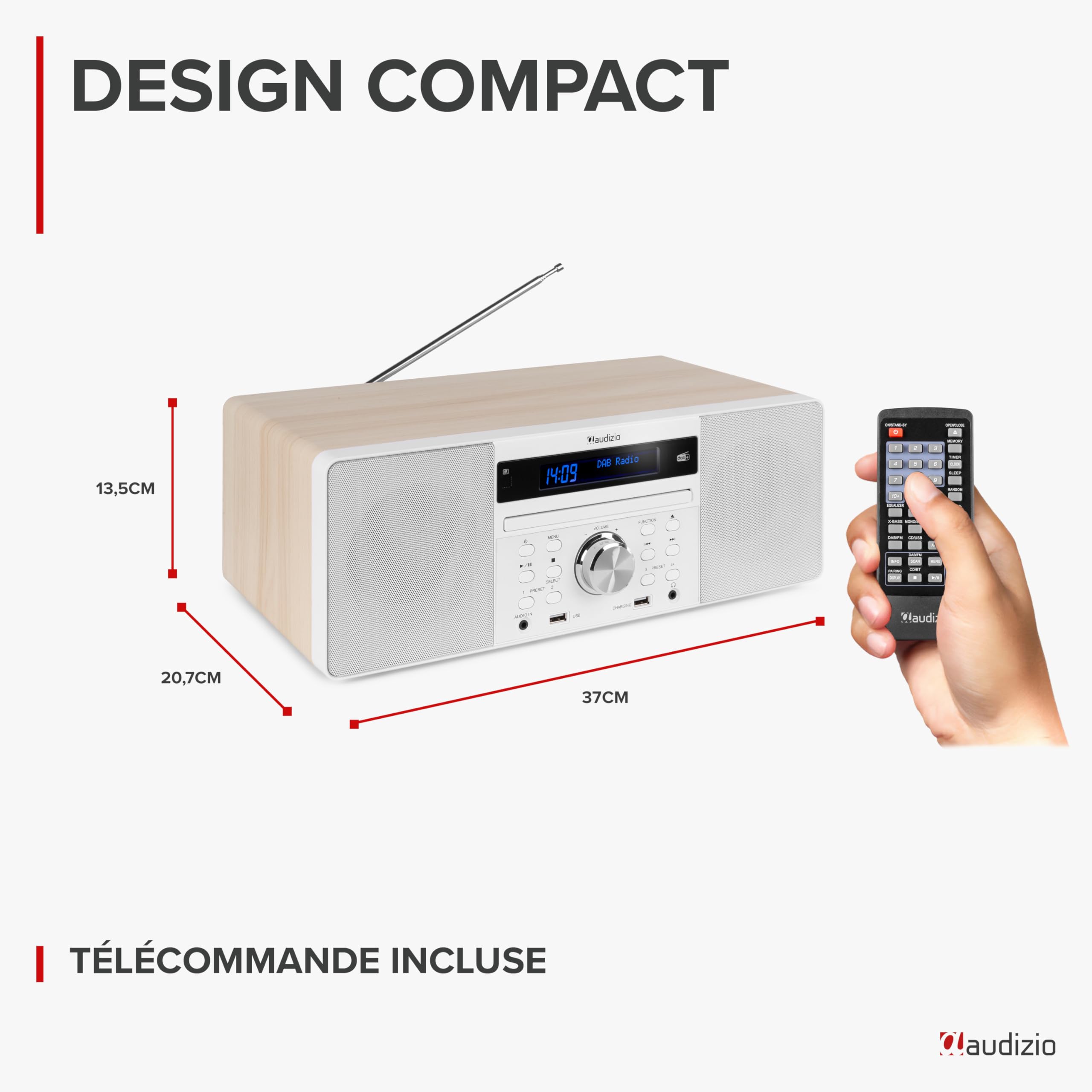 Audizio Prato Radio Dab+ et Lecteur CD avec Technologie sans Fil Bluetooth, Écran LCD, Fonction Horloge et Veille, 2X Port USB, Entrée AUX, Sortie Casque, Télécommande Incluse, Couleur Blanc