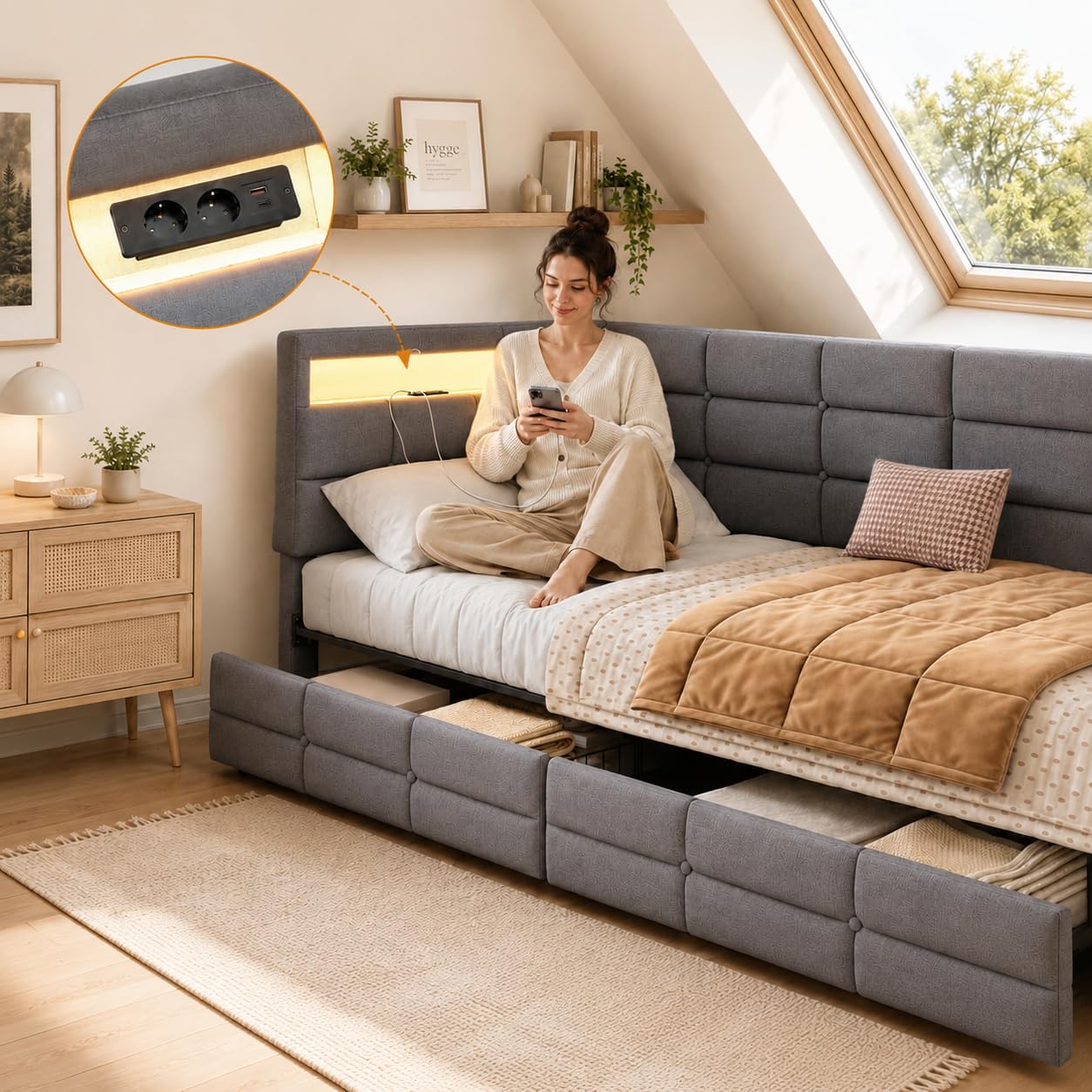 Polsterbett Schlafsofa 90x200 mit LED, Polsterbett Tagesbett Einzelbett, Jugendbett 90x200 mit 2 Schubladen und Stauraum, Jugendbett Tagesbett mit USB, Gästebett, Ohne Matratze, Grau