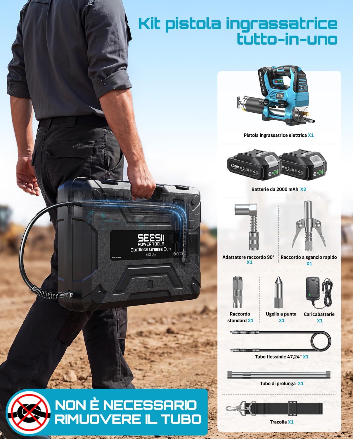 Seesii 12000PSI Ingrassatore a Batteria compatibili Anche con batterie Makita da 18V (Batteria Non Inclusa), 3 velocità, Motore Brushless, 3 Testina, Tubo da 1.2m, per Attrezzature Pesanti