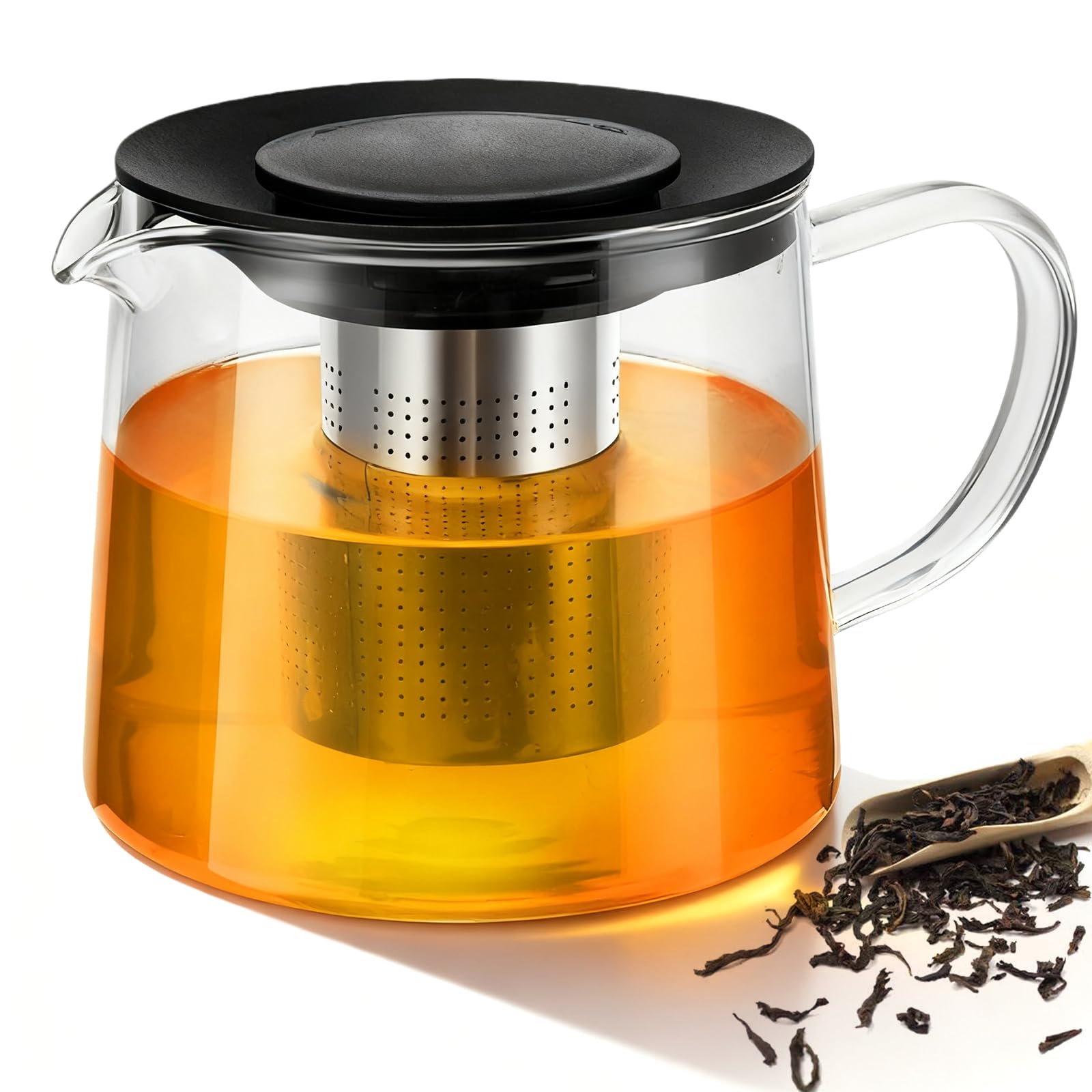 Teiera in vetro borosilicato resistente al calore, 1,5 l, teiera in vetro con colino da tè e coperchio, in vetro borosilicato per tè sfuso, tè alla frutta e tisane