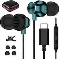 AFGHOA USB C Wired Earbuds with Mic & Noise Isolation for iPhone 15+, Samsung S24 Ultra, Pixel 9 - Green Secure Fit Gym Headphones