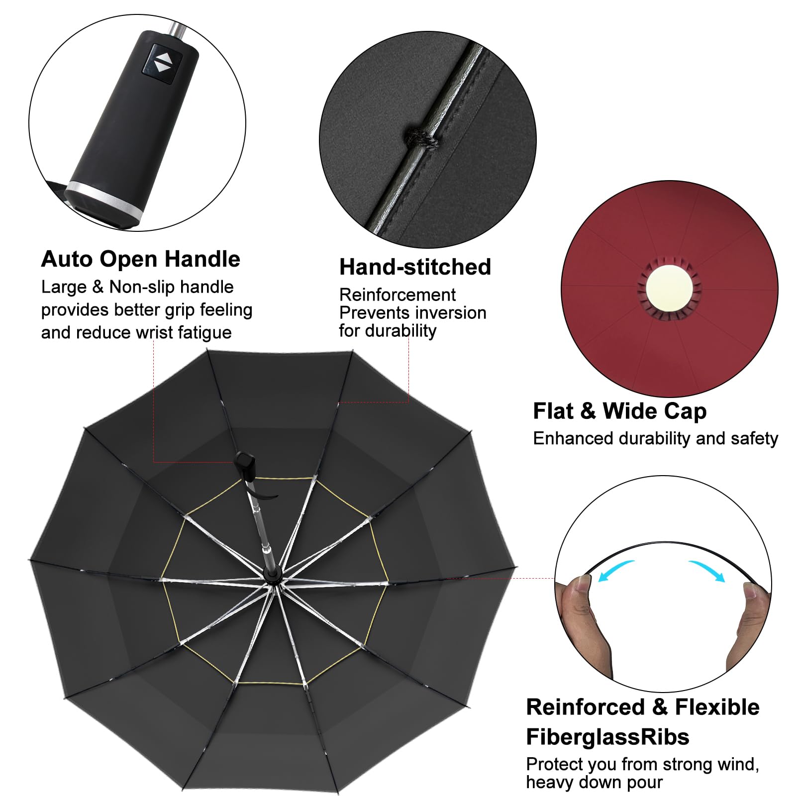 Satol Bardzo duży parasol golfowy, 137 cm, wiatroszczelny, 10 żeber, wentylowane, podwójne paski odblaskowe, automatyczne otwieranie/zamykanie, ochrona przed promieniowaniem UV, lekki i kompaktowy, do