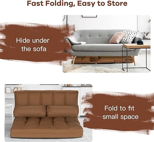 Miniatura 6 de COSTWAY Sofá de suelo con 2 almohadas, sofá cama plegable ajustable de 6 posiciones con marco de metal, tela de gamuza suave, sillón reclinable para