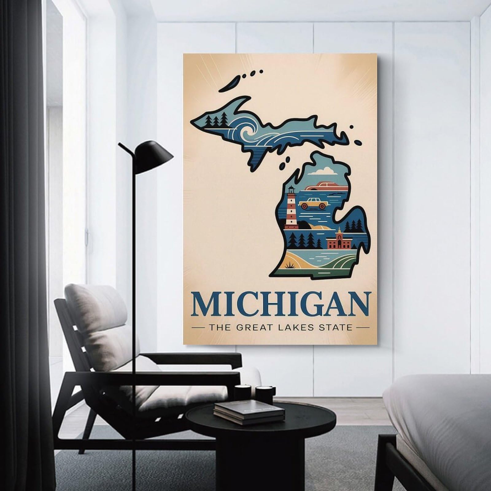 Junmoney Canvas Wall Art Michigan The Great Lakes State Illustration, 20x30inch(50x75cm), for Living Room, Lounge Or Sitting Room, Canvas Styling for A Polished Room Look
