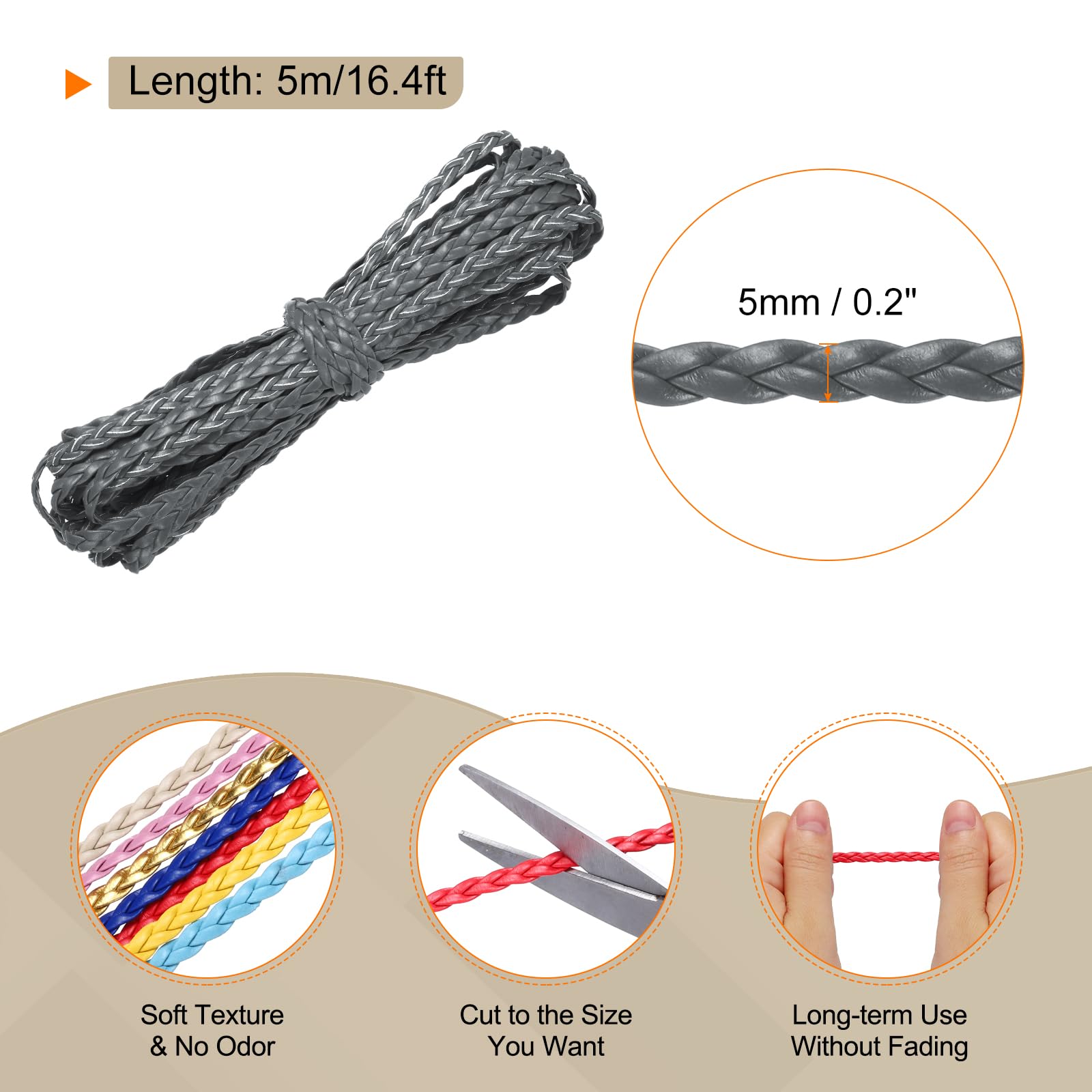 Rebower Flat Braided Leather Cord 5mm Braided Cording 5m Gray Leather Craft Strip for Jewelry Making Necklaces, Bracelets, Belt, 16.4ft - Image 2