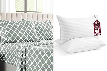 LUX Decor 4 Pcs Cal King Quatrefoil Sheet Set + 2 King Stripe Pillows Ultra-Soft Microfiber Bed Sheets with Flat Sheet, 16 Inch Deep Pocket Fitted Sheet & Pillowcases, Oeko-TEX Grey/White