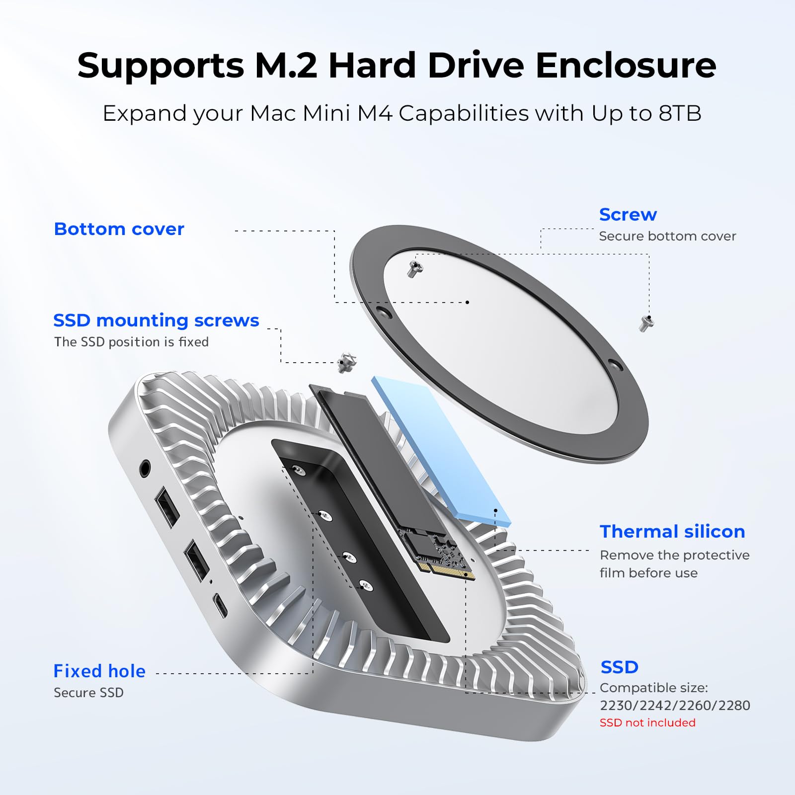 40Gbps Mac mini M4 Dock, New Aluminium M4/2024 Hub & Standfuß mit NVMe/M.2 SSD-Gehäuse für alle neuen M4/M4Pro, USB A*2, USB-C Host, 3.5 Audio Standfuß