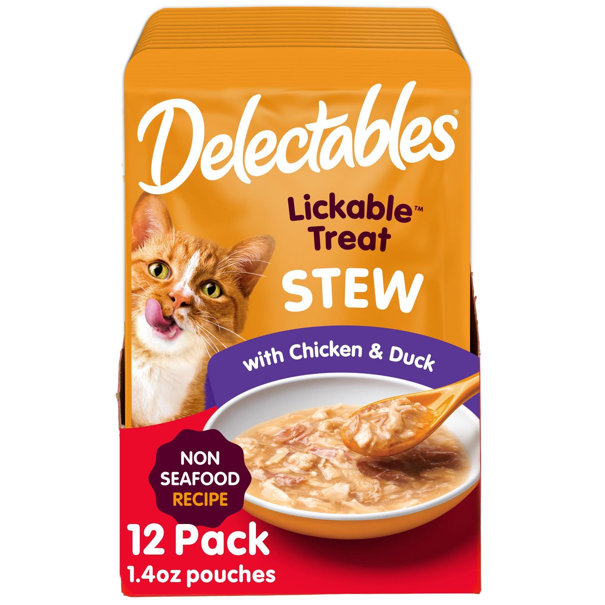 Delectables Lickable Treat Stew Non-Seafood Wet Cat Treat with Real Chicken &amp; Duck, Food Topper, Hydrating, Grain-Free, No Fillers, No By-Products, No Added Preservatives, 1.4oz Pouch, 12ct