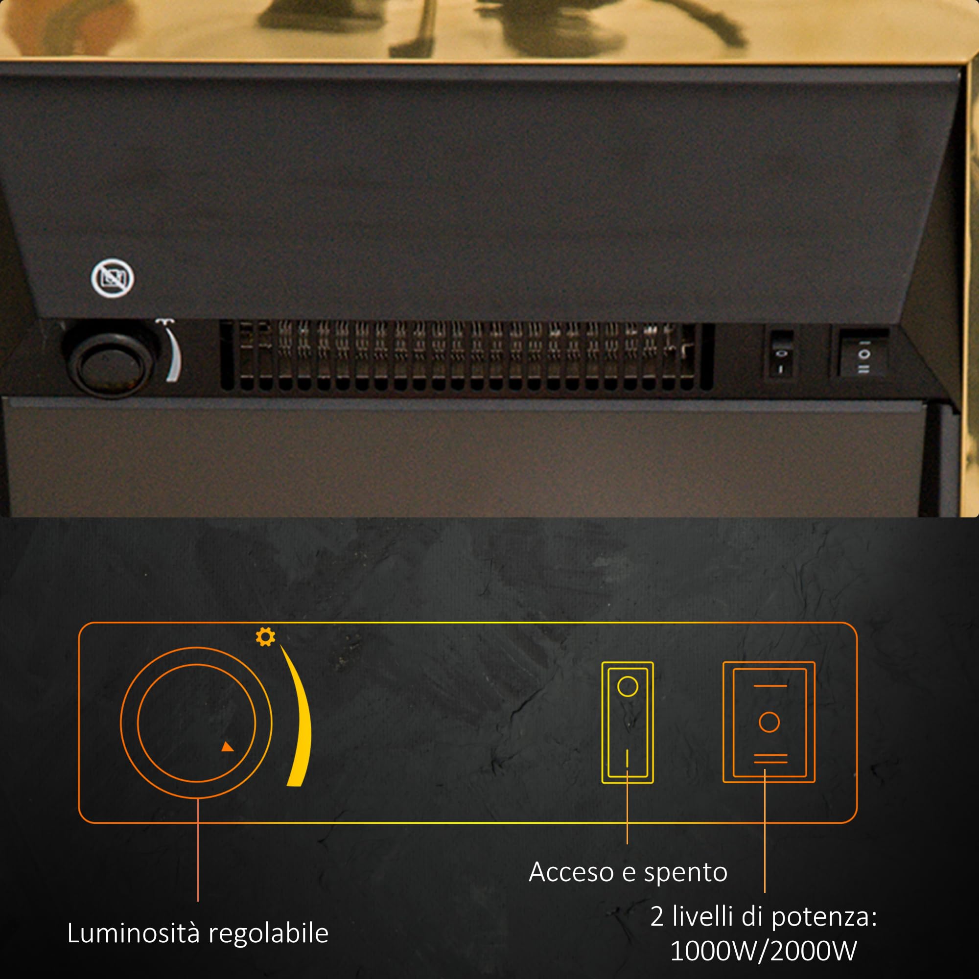 HOMCOM Camino Elettrico da Terra 1000/2000 W, Effetto Fiamma LED, Oro | Caminetto Elettrico, Protezione da Surriscaldamento e Ribaltamento, Riscaldamento Regolabile