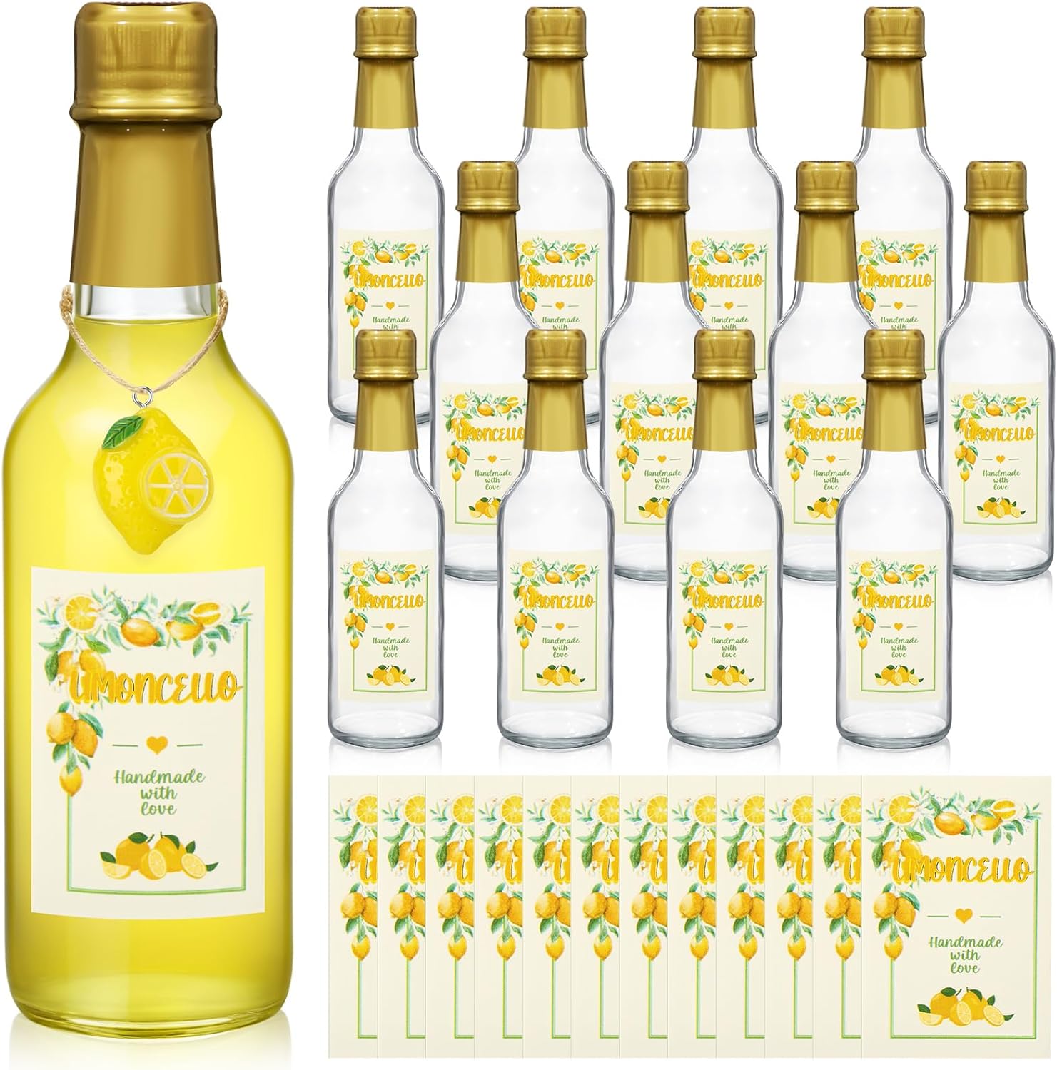 12 Sets 8 oz Limoncello Glass Bottles Empty Clear Liquor Bottles with Lemon Labels, Lids, Shrink Capsules, Charms for Homemade Limoncello Brewing Beverages Gifts(Gold)