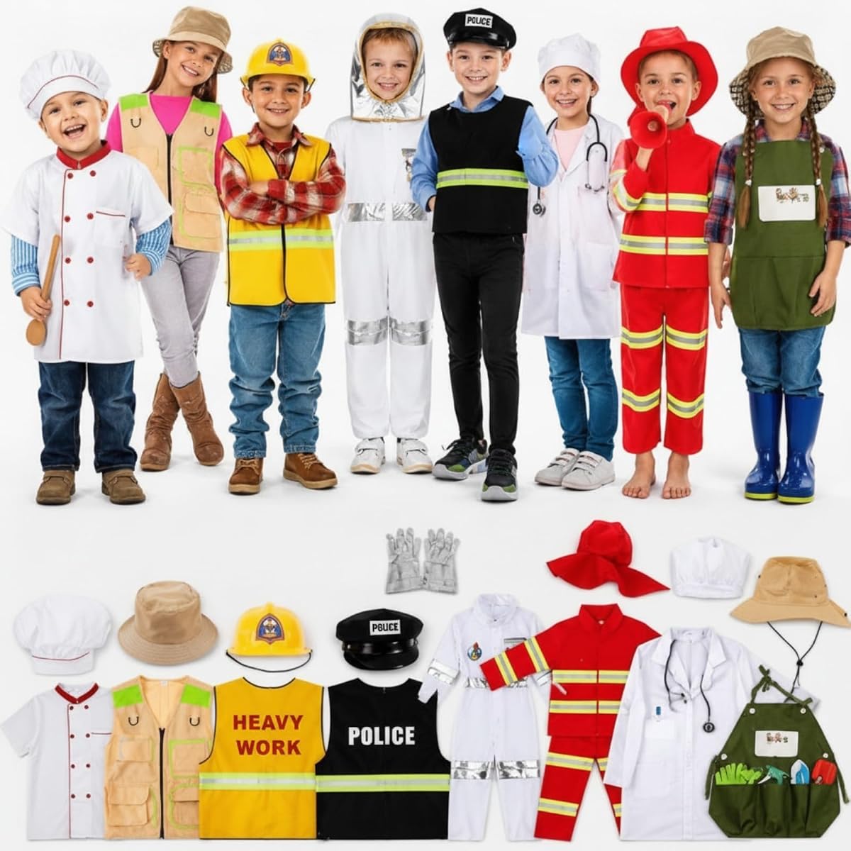 Vicenpal 8 Sets Kids Role Play Dress up Clothes, Washable Astronaut Construction Policeman Fireman Doctor Chef Gardener Explorer Scientist Soldier Costumes for Boys and Girls Role Playing Activities