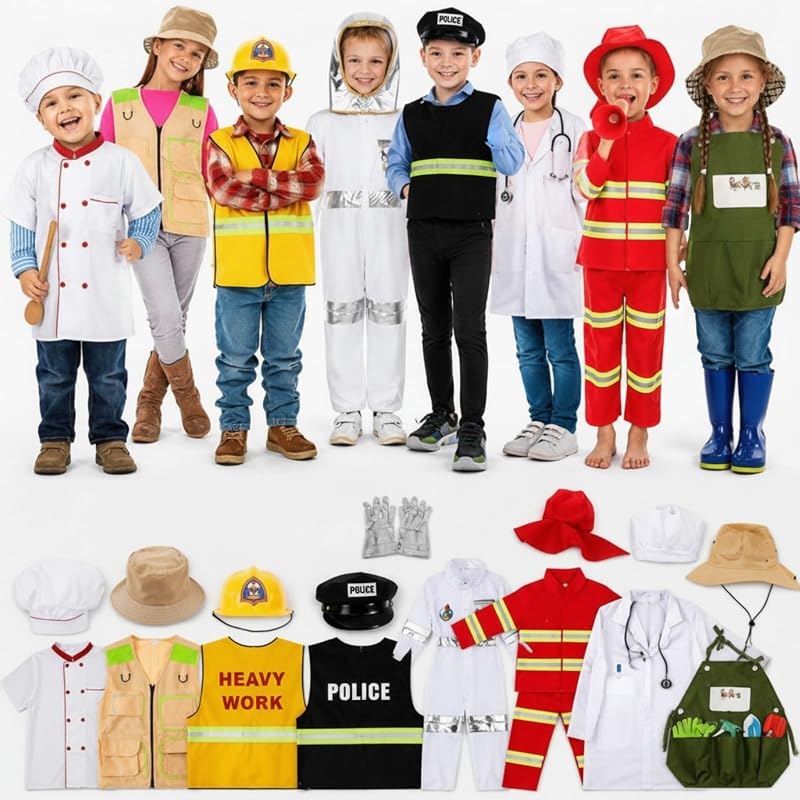 Vicenpal 8 Sets Kids Role Play Dress up Clothes, Washable Astronaut Construction Policeman Fireman Doctor Chef Gardener Explorer Scientist Soldier Costumes for Boys and Girls Role Playing Activities