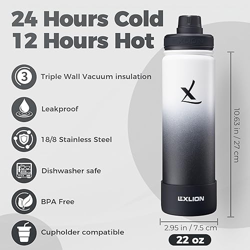 Miniatura 2 de Lexlion Botella de Agua con Infusor de Té 22 Oz  Acero Inoxidable Aislado de Triple Pared, Colador para Hojas y Frutas, 3 Tapas a Prueba de Fugas,
