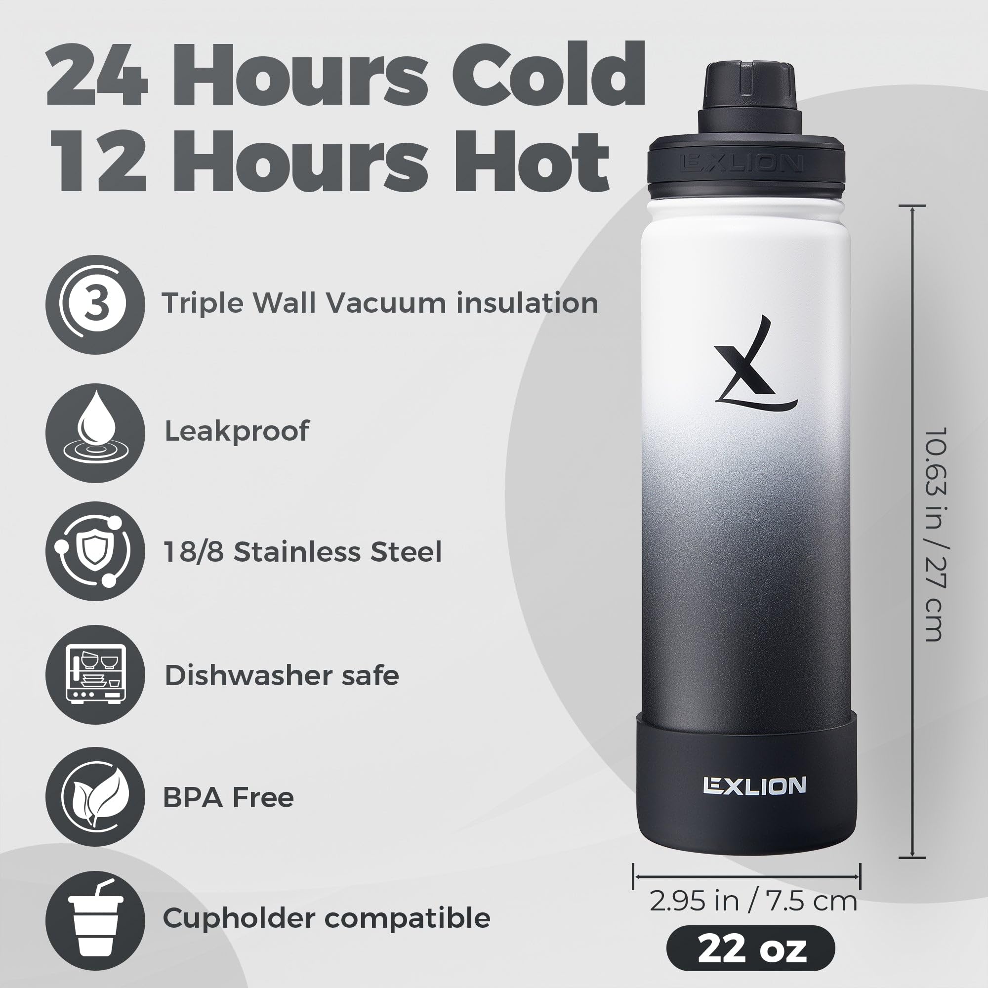 Lexlion Botella infusora de té, botella de agua con infusor de frutas de 22 onzas, botella de acero inoxidable aislada de triple pared, infusor térmico de hojas, funda de silicona, cepillo de