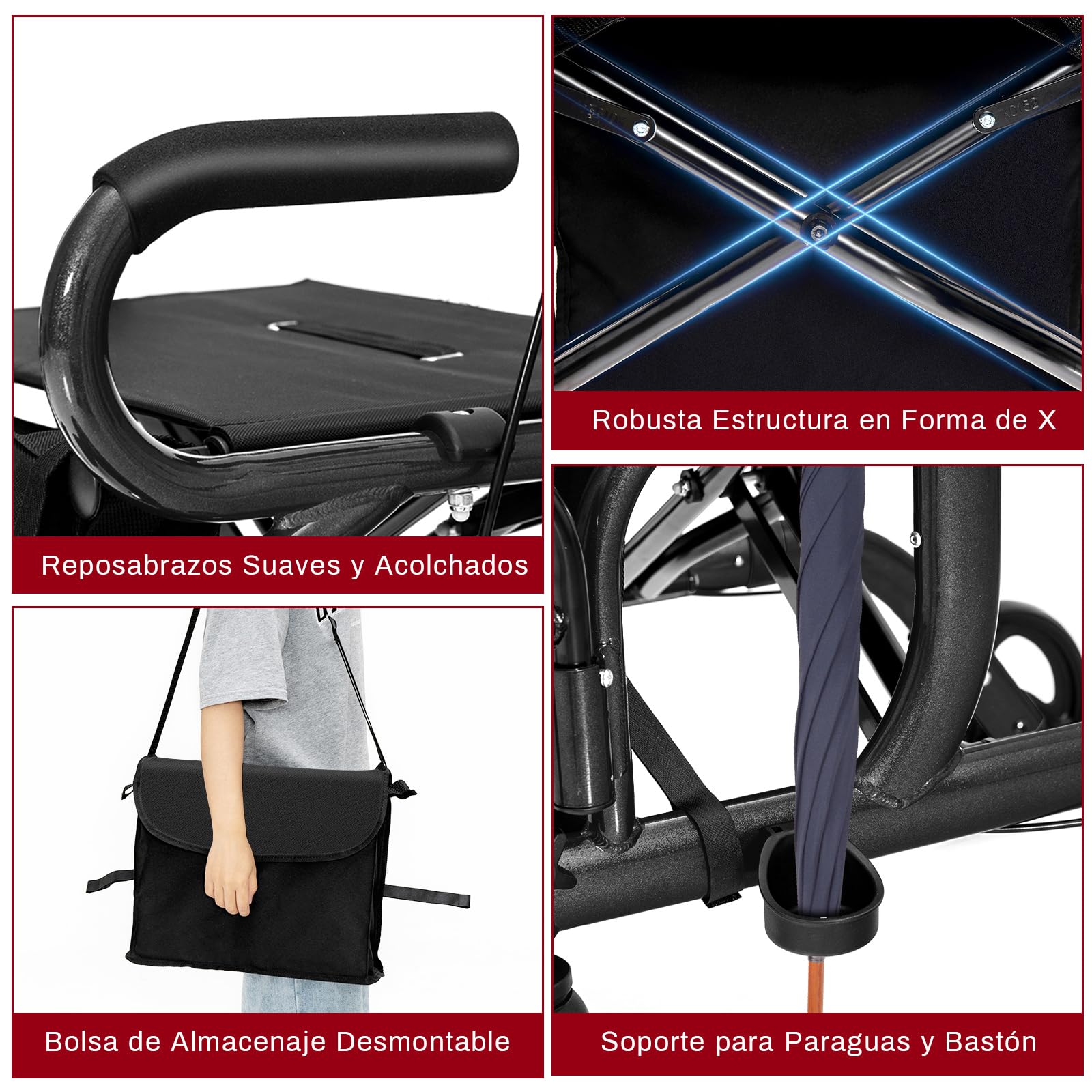 COSTWAY 2 en 1 Andador para Ancianos, Andador Plegable con Asiento, Respaldo Reversible, Mangos Ajustables, Ruedas PVC, Silla Transporte de Aluminio con Reposapiés y Bolsa Desmontable (negro)